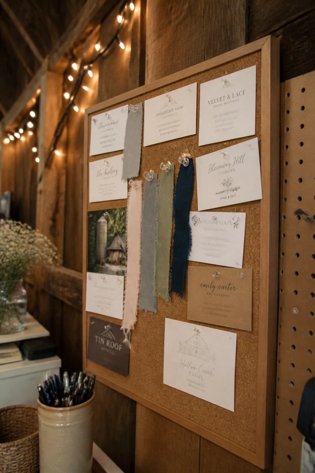 Rustic corkboard with pinned wedding vendor cards and fabric swatches on a wooden barn wall under string lights