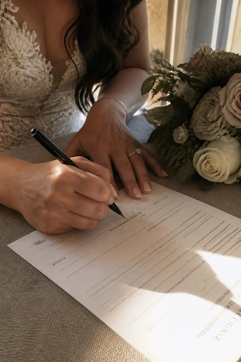 Bride in lace wedding dress signs marriage license with pen at sunlit table next to white and blush rose bouquet.