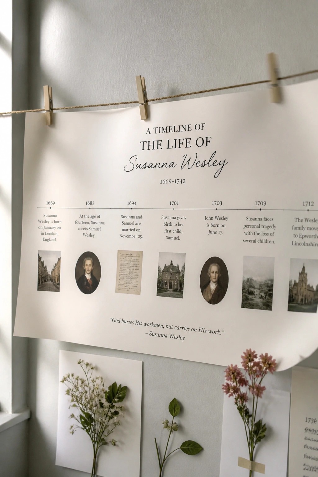 A printed historical timeline poster clipped to twine on a wall showing dates and events with accompanying photos and dried flowers displayed below it in natural light.