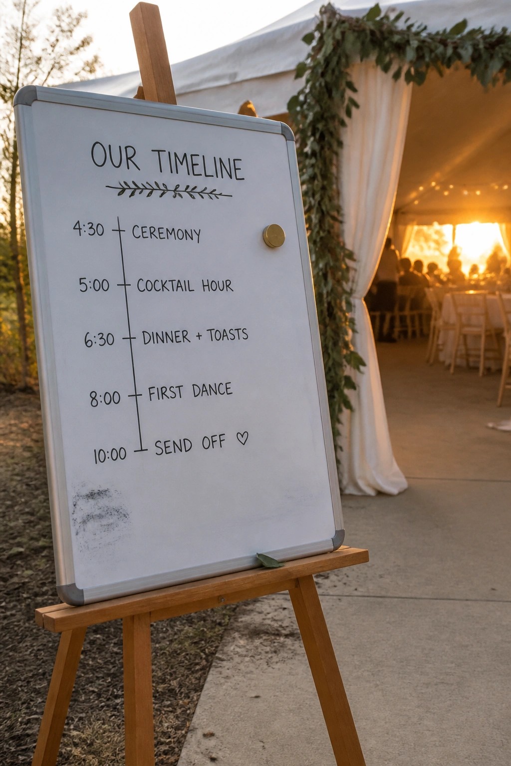 Whiteboard on wooden easel showing wedding timeline with event times outside a lit tent at sunset