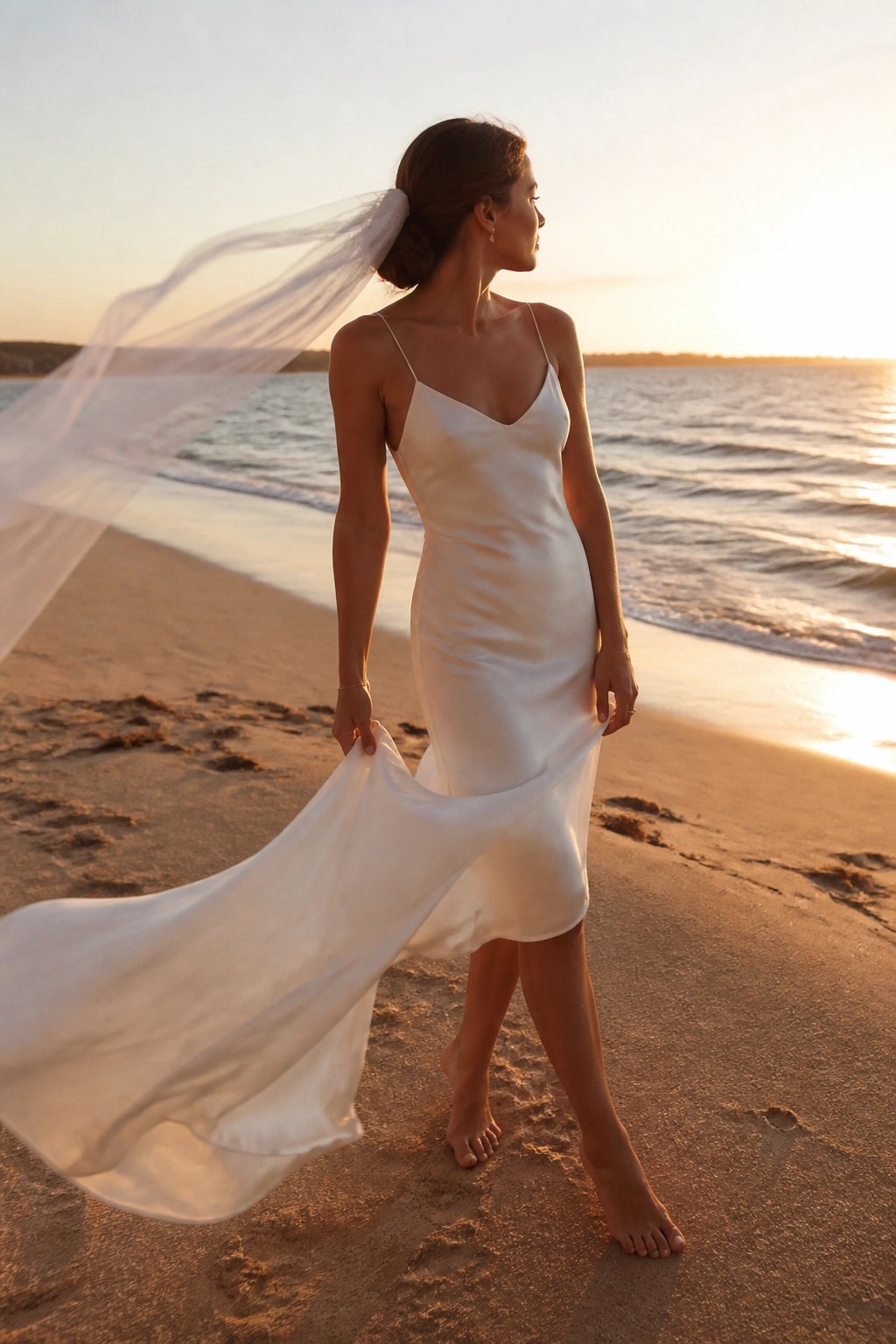 Bride in flowing white satin dress and veil walks barefoot on beach at golden sunset with ocean waves behind her