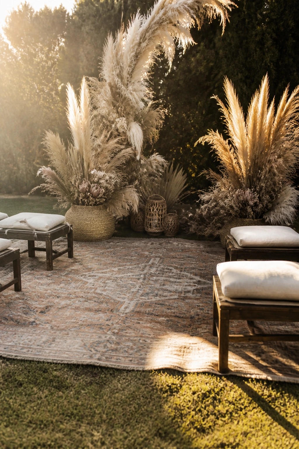 Outdoor wedding lounge with tall pampas grass in baskets wooden benches on a rug and golden sunset light filtering through trees