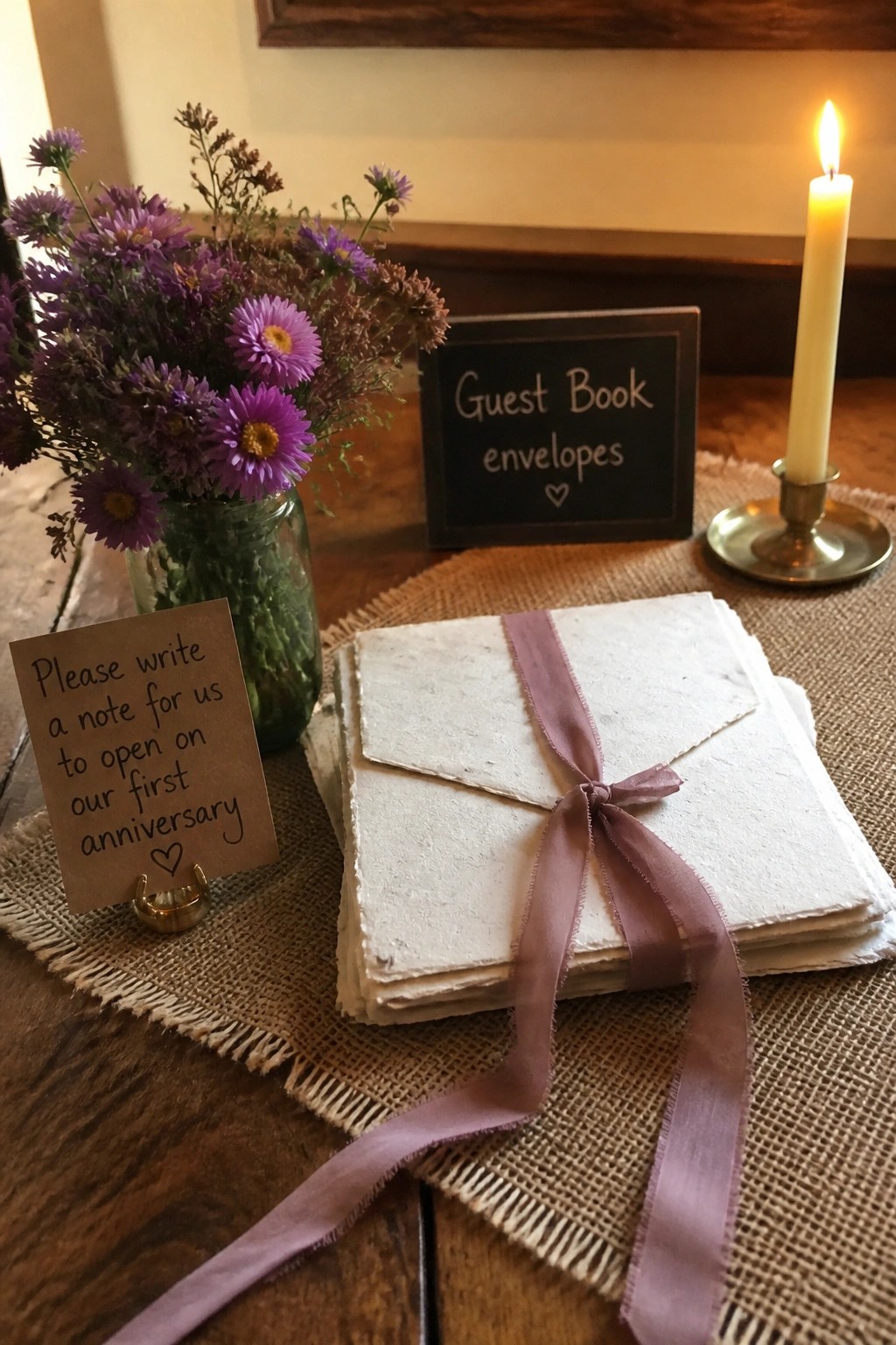 Rustic fall wedding guest book display with handmade envelopes in purple ribbon purple flowers in a jar lit candle and handwritten anniversary note on burlap runner