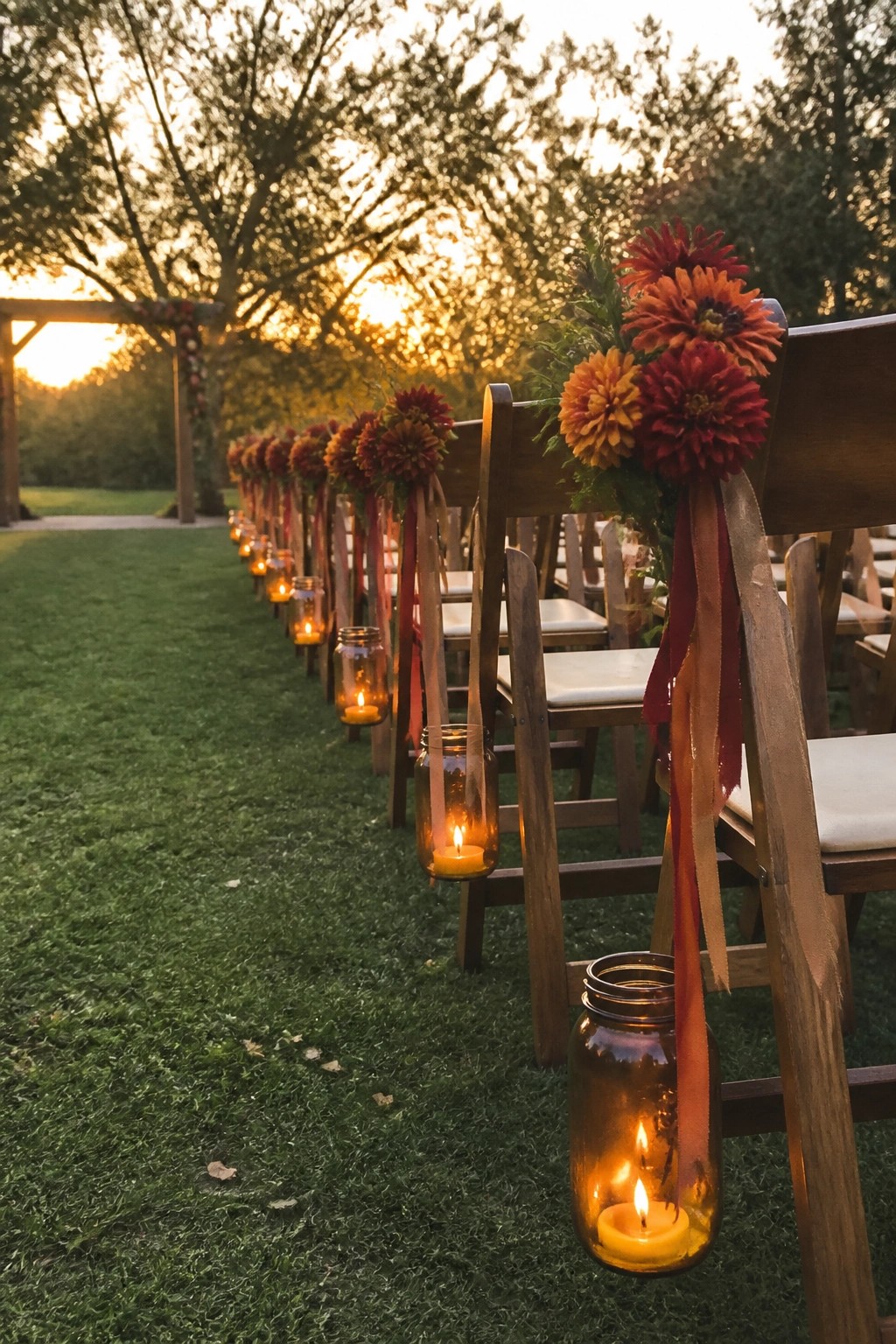 Wooden chairs decorated with orange and red flowers and ribbons line a grassy wedding aisle at sunset with glowing mason jar candles creating a warm fall atmosphere