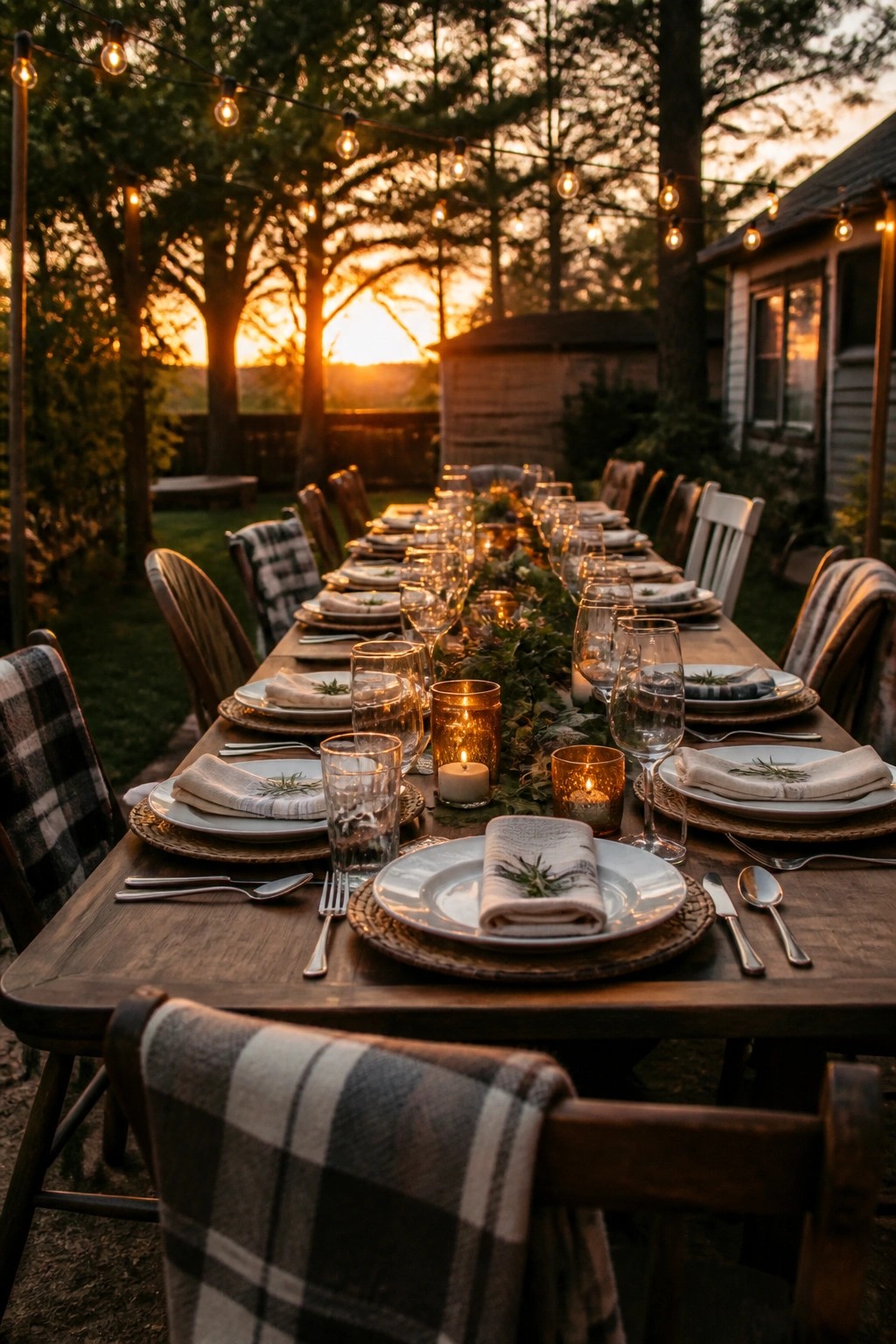 A long rustic wooden table set for an outdoor wedding dinner at sunset with string lights candles plaid blankets and greenery centerpieces in a cozy backyard setting.