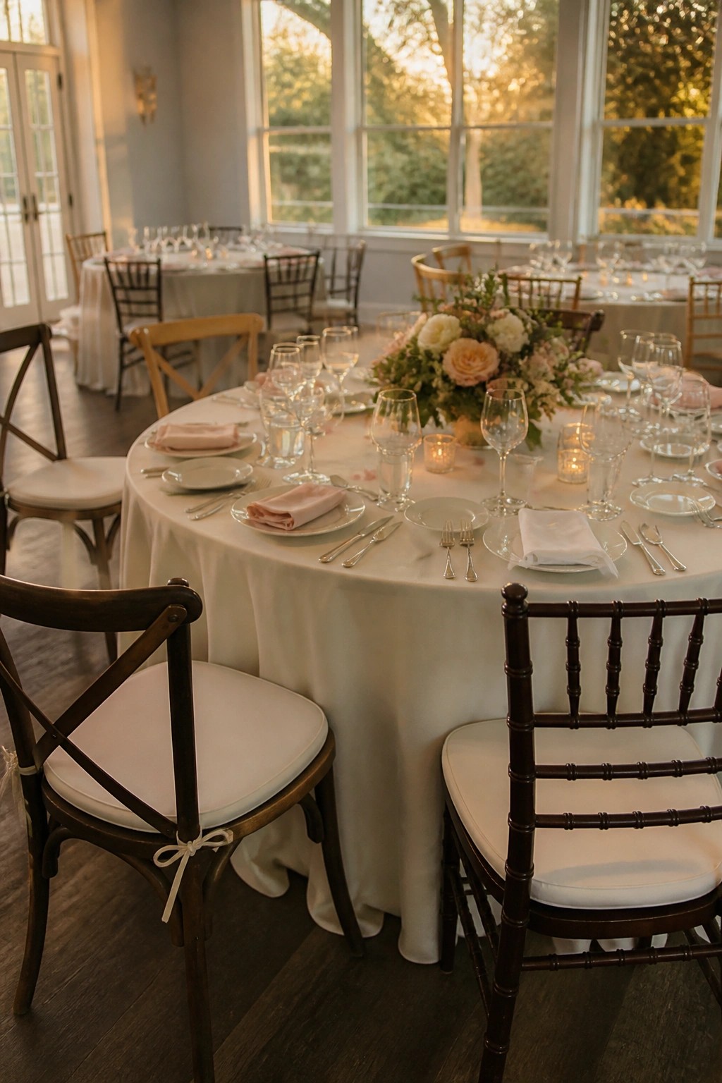 Elegant round wedding table with white linens pink napkins and floral centerpiece in front of large windows at golden hour with mixed wooden chairs.