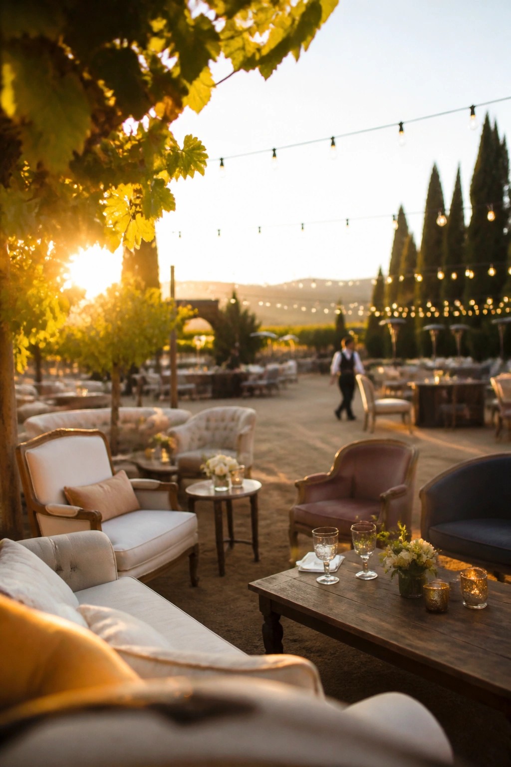 Elegant outdoor wedding lounge with vintage white and burgundy armchairs plus a sofa arranged around a wooden table topped with flowers and candles under glowing string lights at golden hour in a vineyard setting