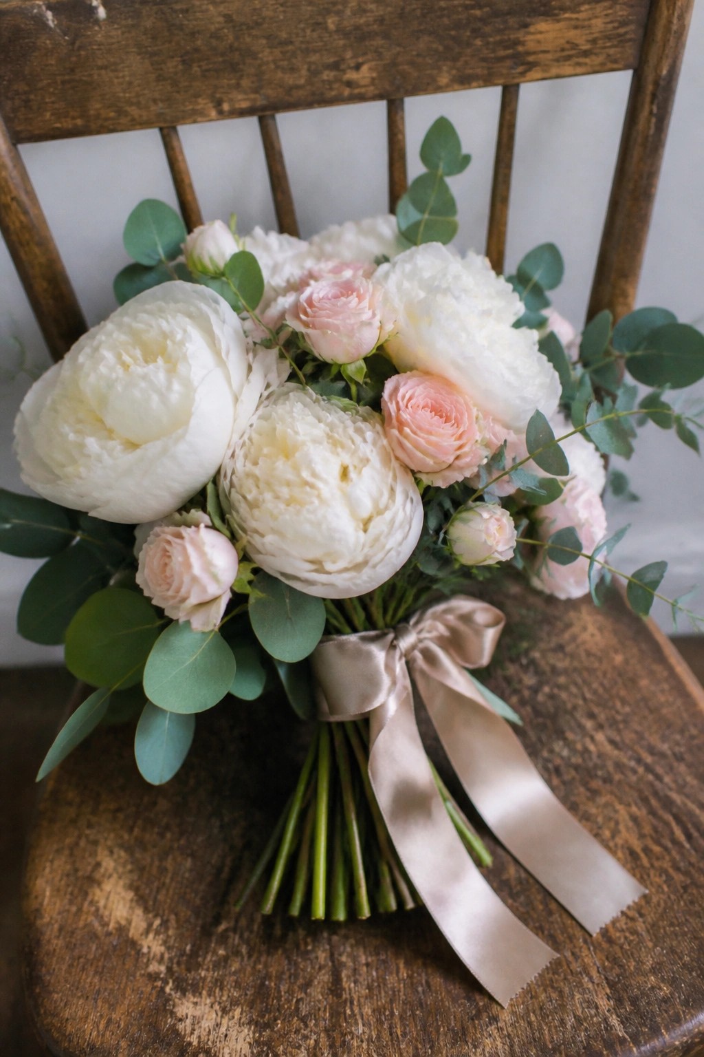 A bridal bouquet of ivory peonies, soft blush roses, and sage eucalyptus tied with a champagne ribbon rests on a rustic wooden chair.