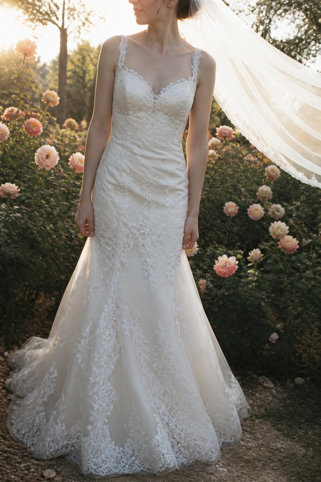 Bride in ivory lace mermaid dress stands among pink roses in a garden at sunset with veil billowing in the light