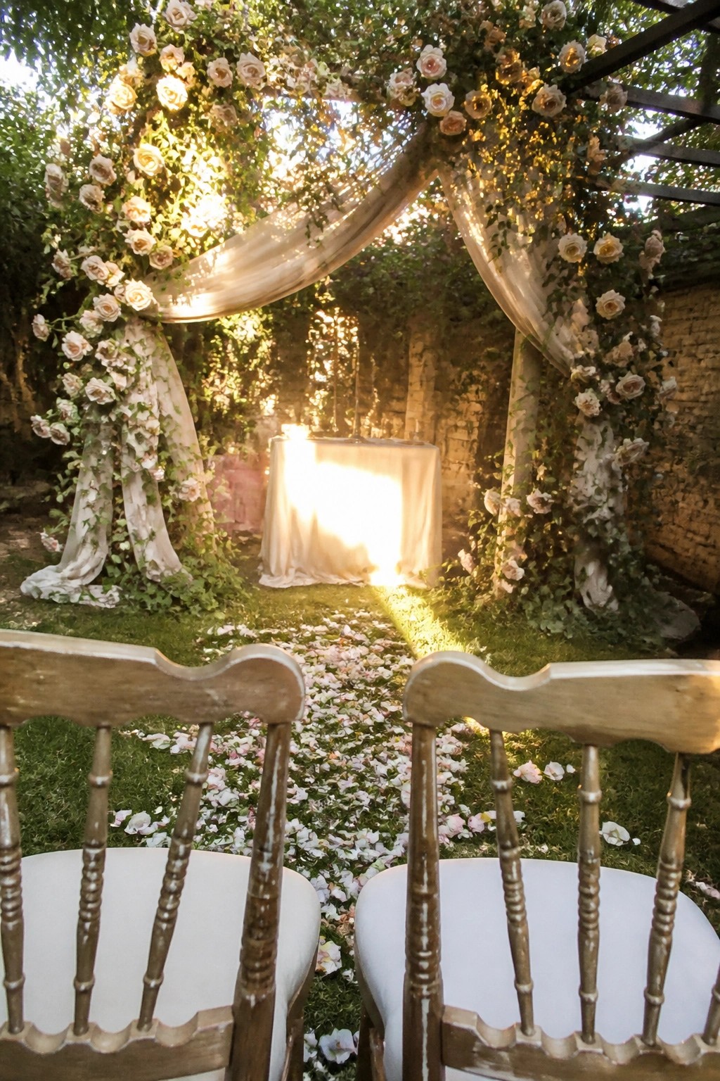 Two ornate wooden chairs with white cushions face a lush floral arch covered in blush roses and greenery at a garden wedding during golden hour with rose petals scattered on the grass path.