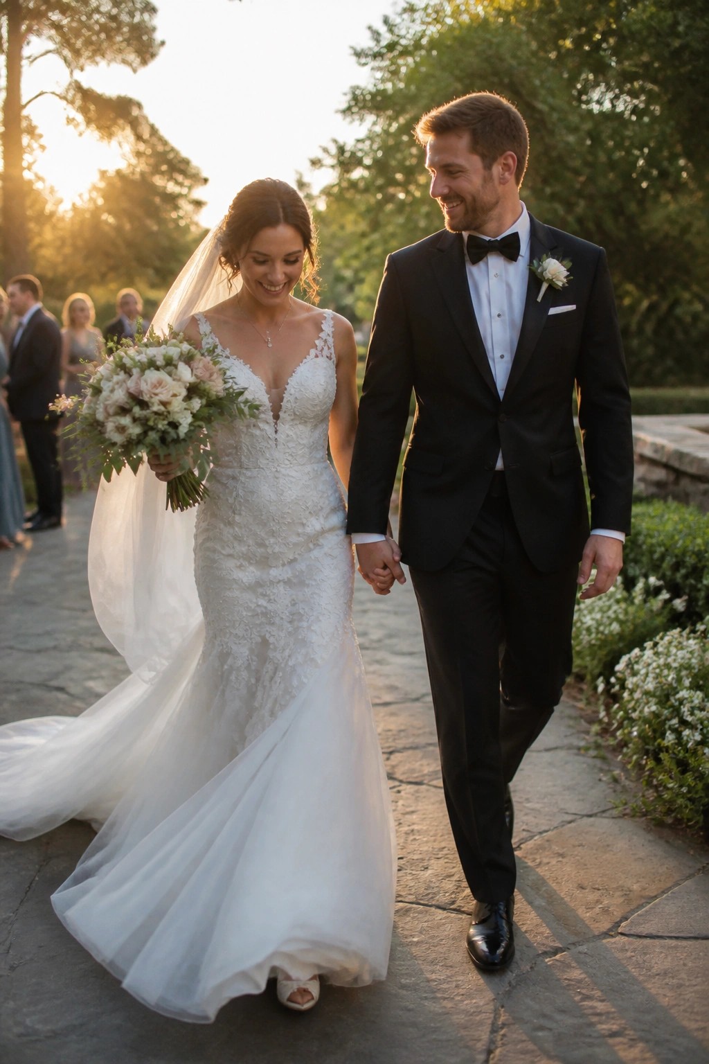 Bride in lace gown and groom in black tux walk on garden path at sunset with floral bouquet and greenery around them