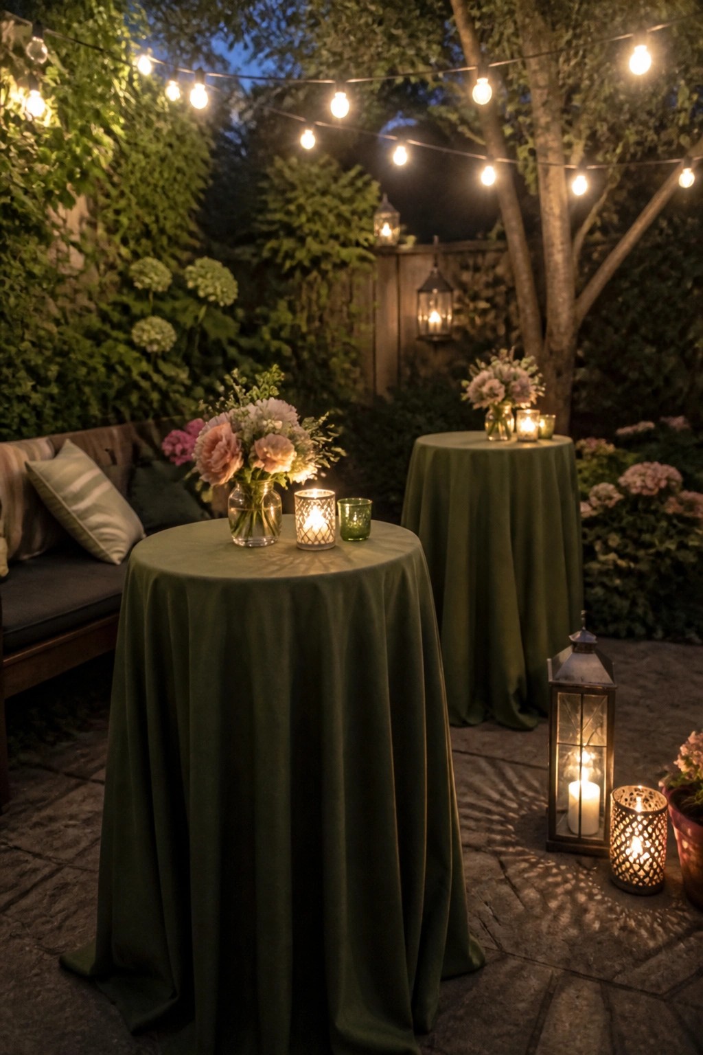 Two round tables with green tablecloths hold floral centerpieces of pink and white peonies alongside candles and lanterns in a garden at night with string lights overhead.