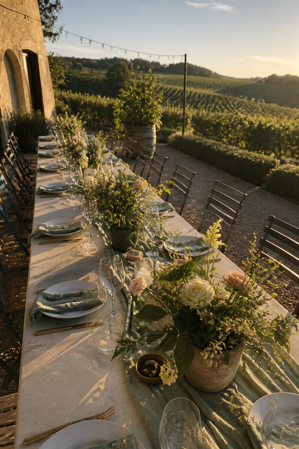 Long outdoor wedding table set with green linens, white and blush floral centerpieces in pots, and gold flatware, overlooking a vineyard at sunset.