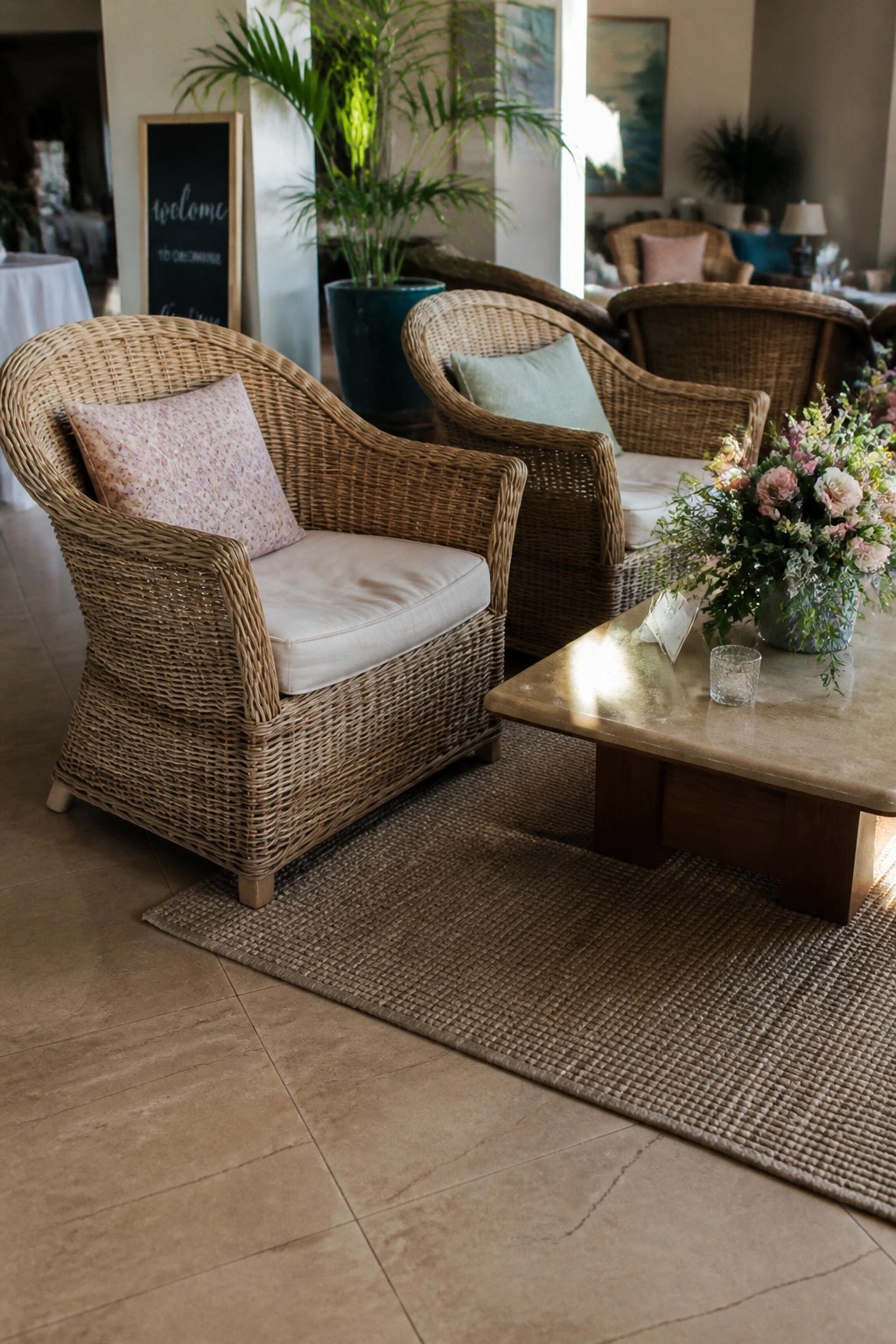 Wicker armchairs with pastel cushions surround a coffee table topped with pink and white flowers in a bright garden wedding lounge area
