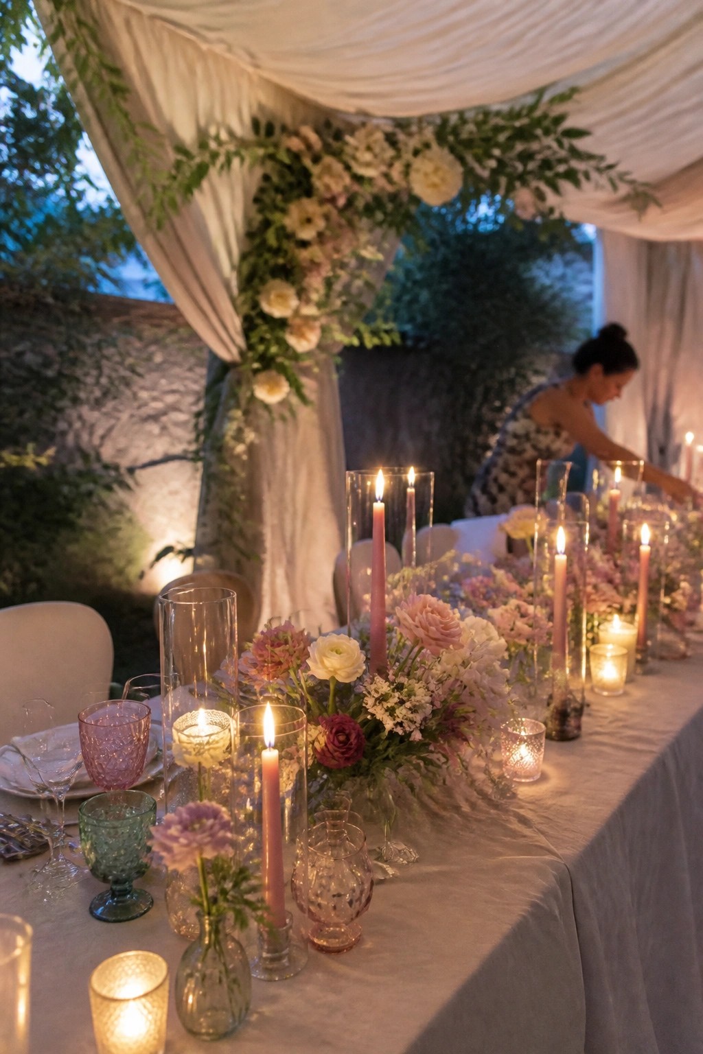 Outdoor wedding reception table at dusk featuring white linens pastel pink and white floral arrangements and numerous glowing candles in glass holders under soft white draping with greenery