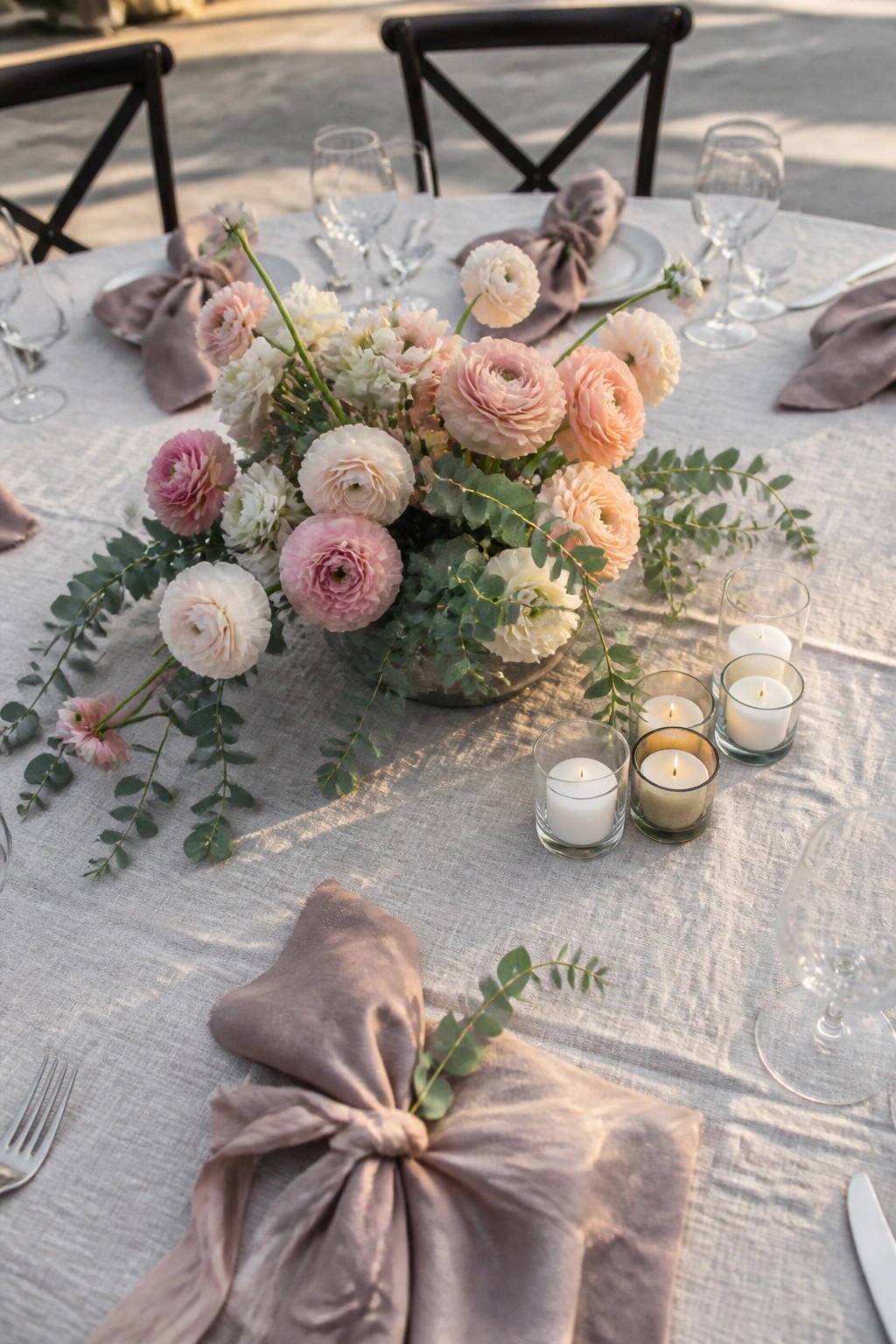 Round outdoor wedding table with pink and white ranunculus centerpiece in glass vase, mauve bow napkins, votive candles, and wine glasses on linen cloth at dusk.