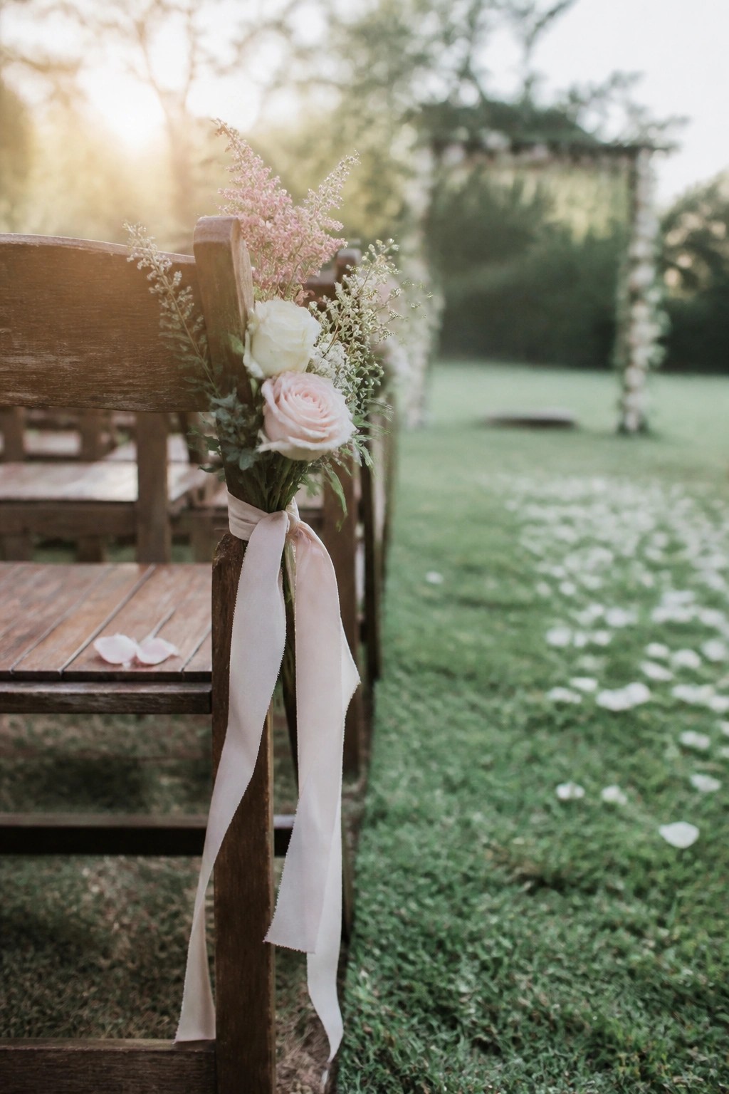Wooden chair with white and pink rose bouquet tied by blush ribbon on grass aisle leading to floral arch at sunset