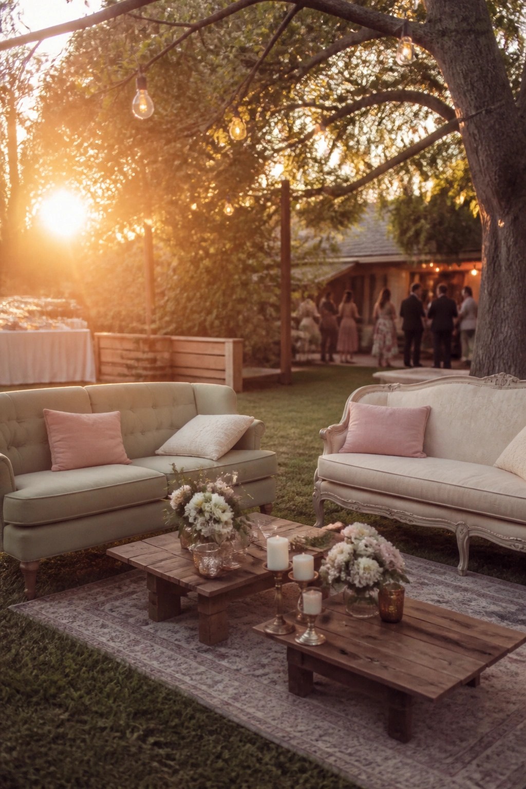 Outdoor garden wedding lounge with green and white sofas pink pillows wooden tables with flowers and candles under string lights at sunset
