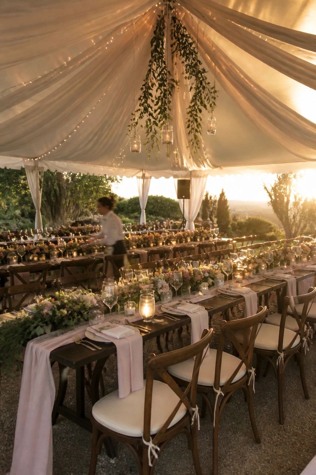 Long wooden tables set with pastel florals under a white draped tent with hanging greenery and wooden chairs at sunset.