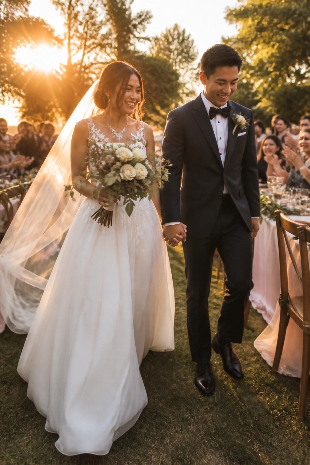 Bride in white gown with veil and groom in dark suit walk hand in hand at golden hour on grass while guests applaud at outdoor tables with trees in background