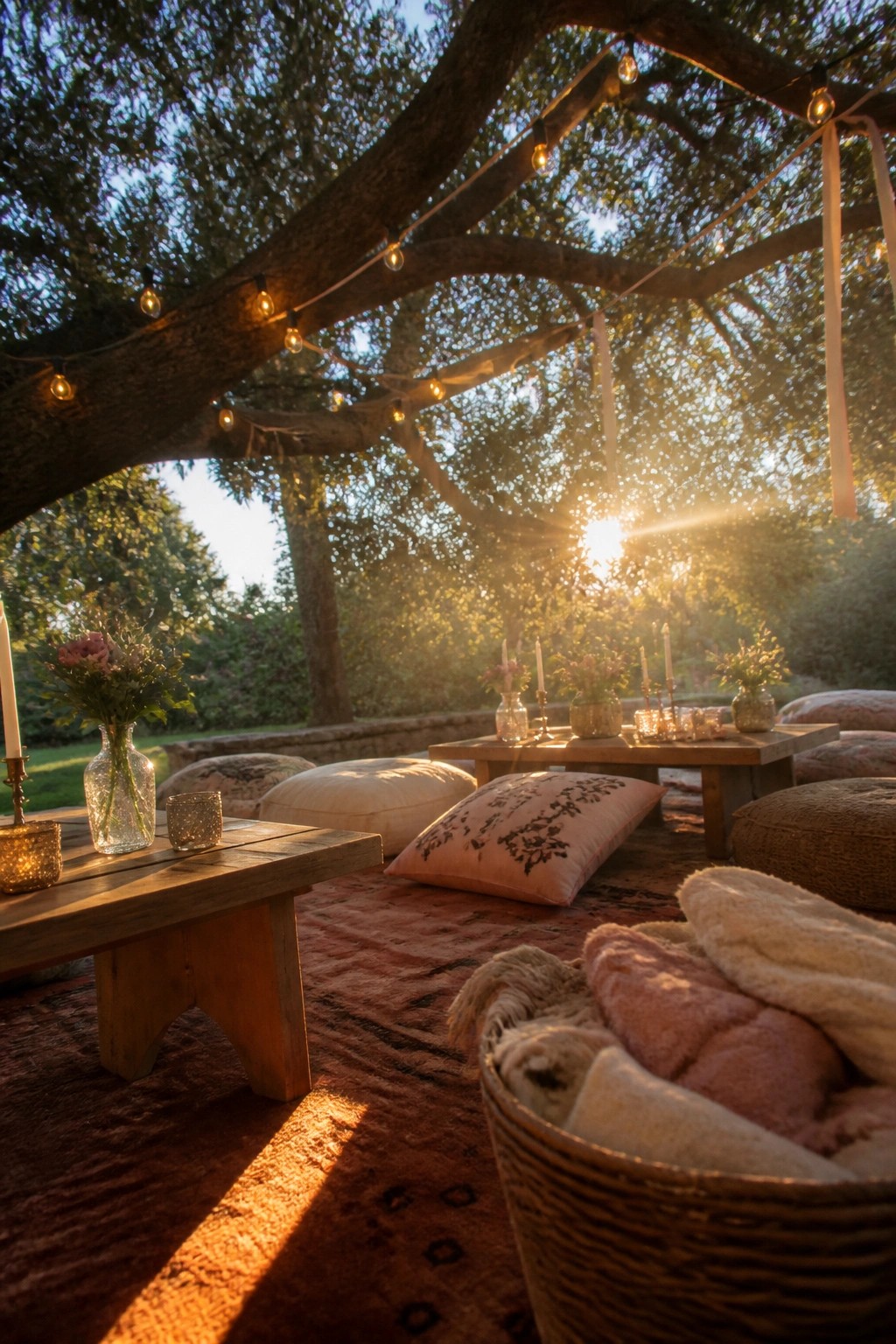 Cozy bohemian wedding lounge under a tree with string lights, wooden tables with flowers and candles, layered rugs, pillows, and a basket of blankets at sunset.