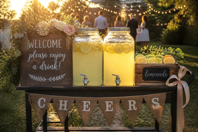 22 Fun Wedding Guest Experience Ideas for Welcome Drinks, Lounge Areas, Games, and Late Snacks Rustic wooden cart holding two lemonade dispensers with a welcome chalkboard sign surrounded by flowers and citrus at a golden hour outdoor wedding reception