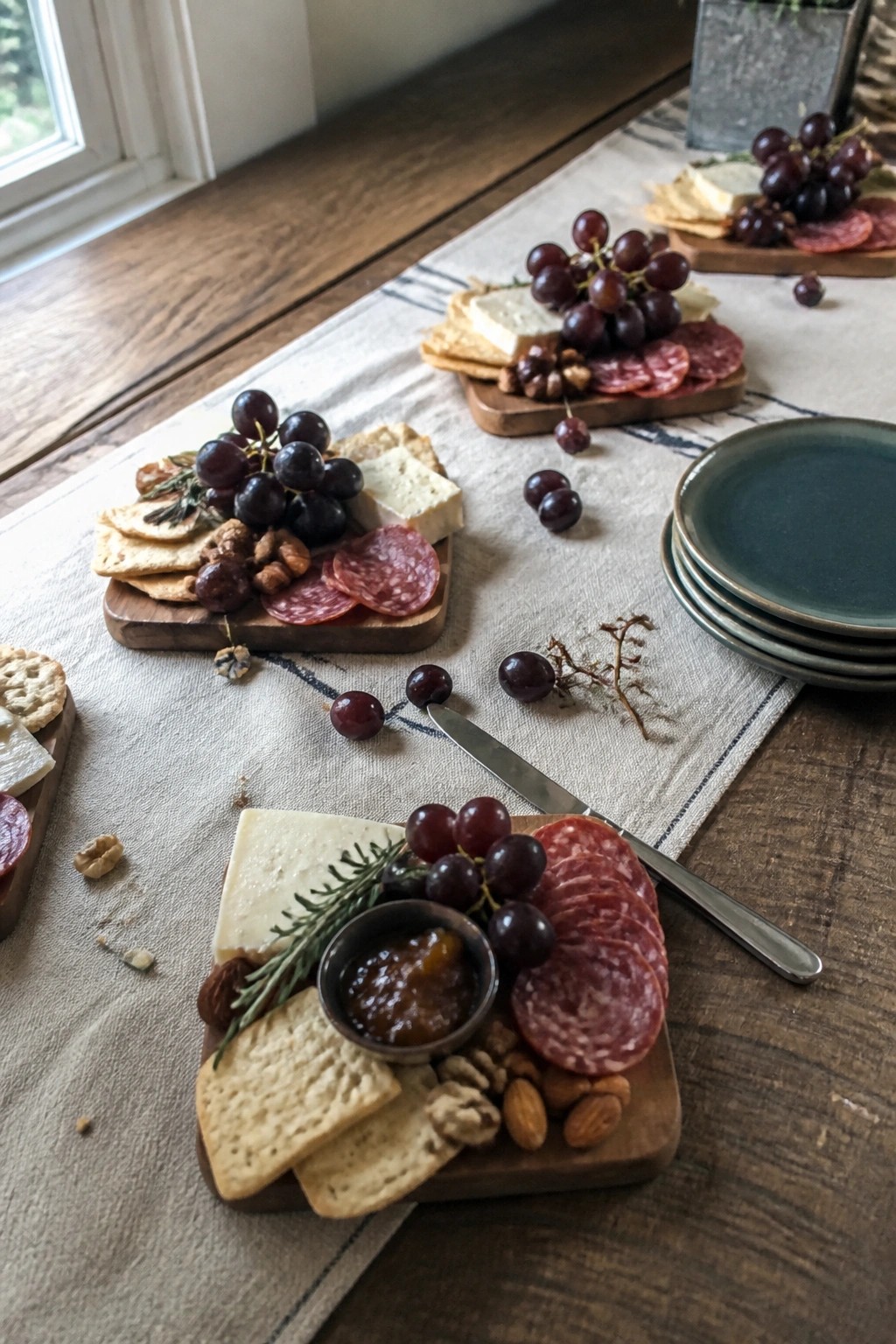 Multiple wooden charcuterie boards with cheese salami grapes nuts and crackers arranged on a linen covered table at a wedding reception