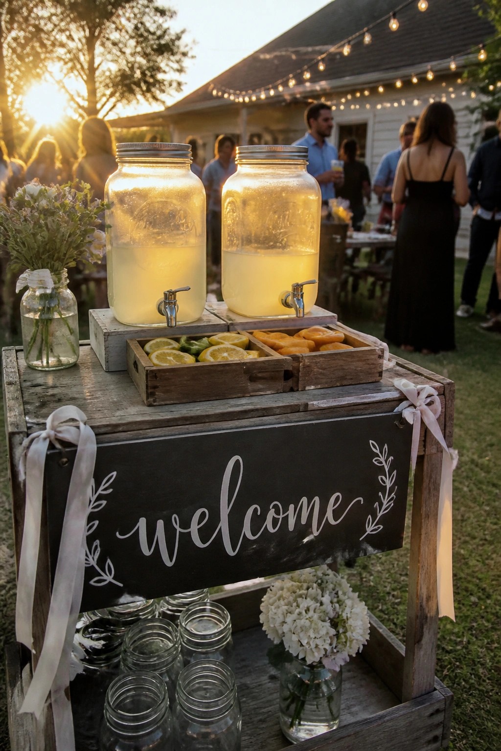 Rustic wooden cart holding two lemonade dispensers with a welcome chalkboard sign surrounded by flowers and citrus at a golden hour outdoor wedding reception