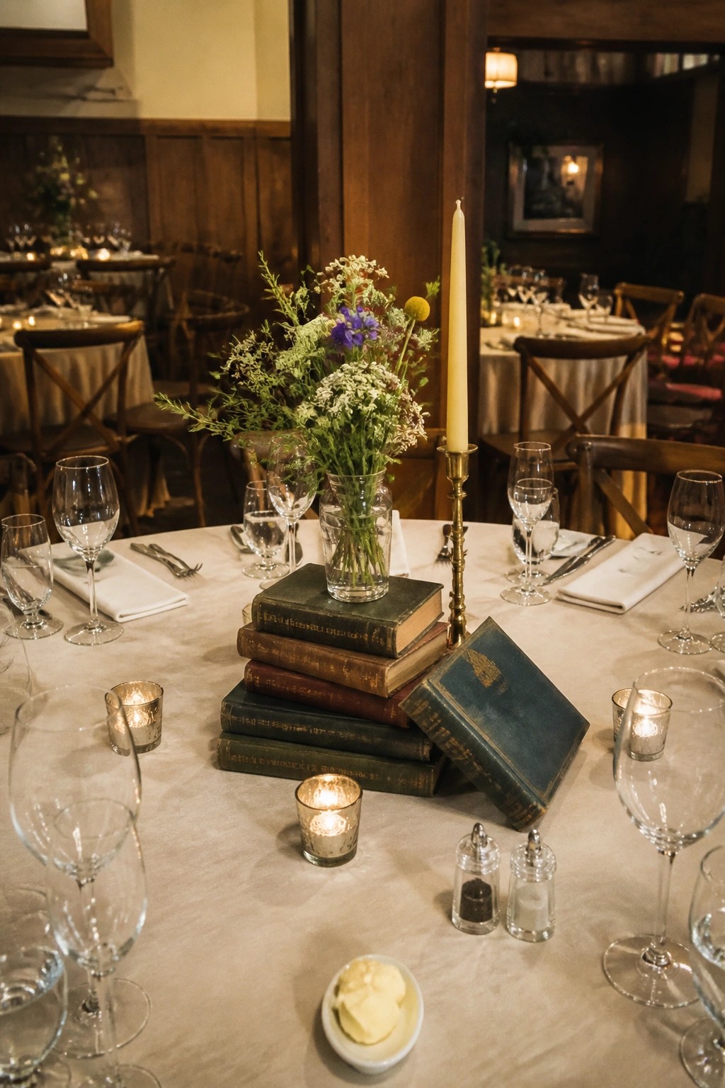 A rustic wedding table centerpiece featuring stacked vintage books topped with a vase of wildflowers and a tall candle surrounded by glassware and votives.