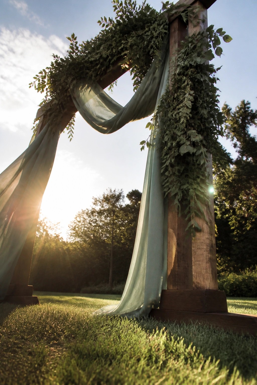 Wooden wedding arch draped with sage green fabric and green foliage on a sunny lawn
