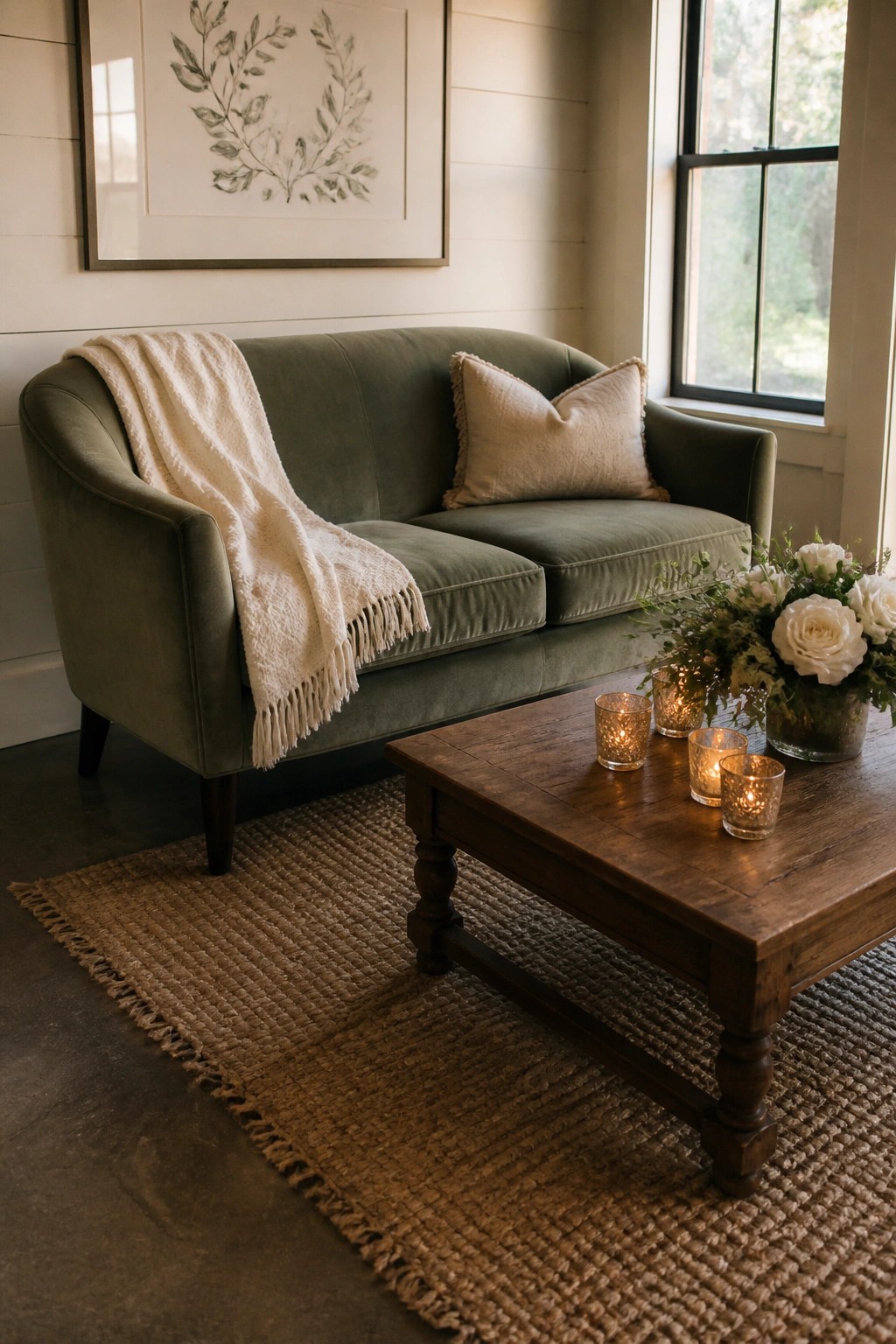 Sage green velvet sofa with cream throw blanket, white rose floral arrangement, and glowing candles on a wooden coffee table in a rustic wedding lounge with jute rug and botanical wall art