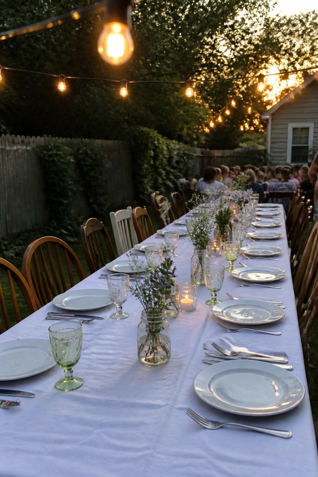 Long outdoor wedding table set with white linens, plates, and wildflowers in mason jars under glowing string lights in a backyard at dusk.