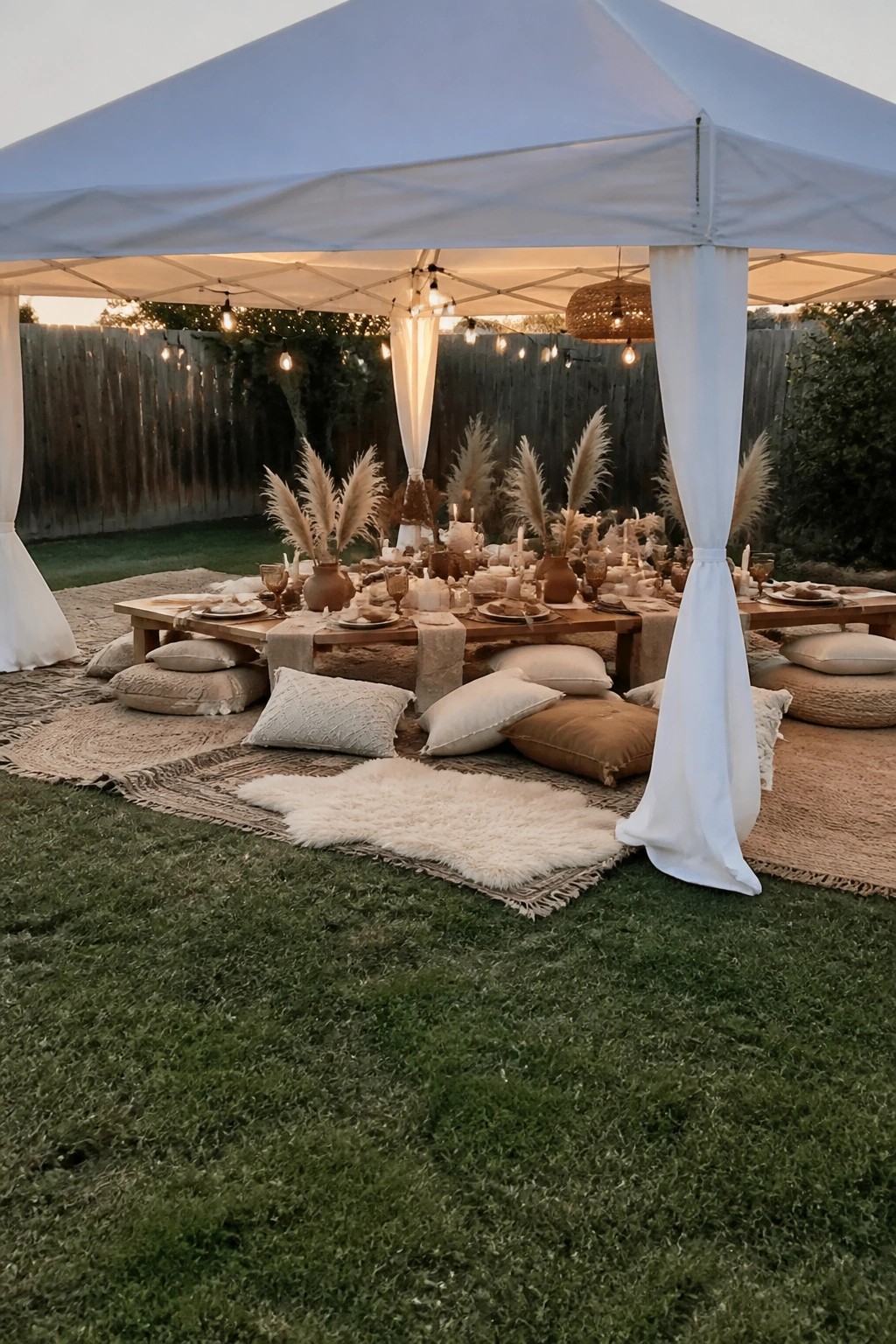 Outdoor wedding tent with low wooden table string lights pampas grass centerpieces and floor pillows on rugs in a backyard at dusk