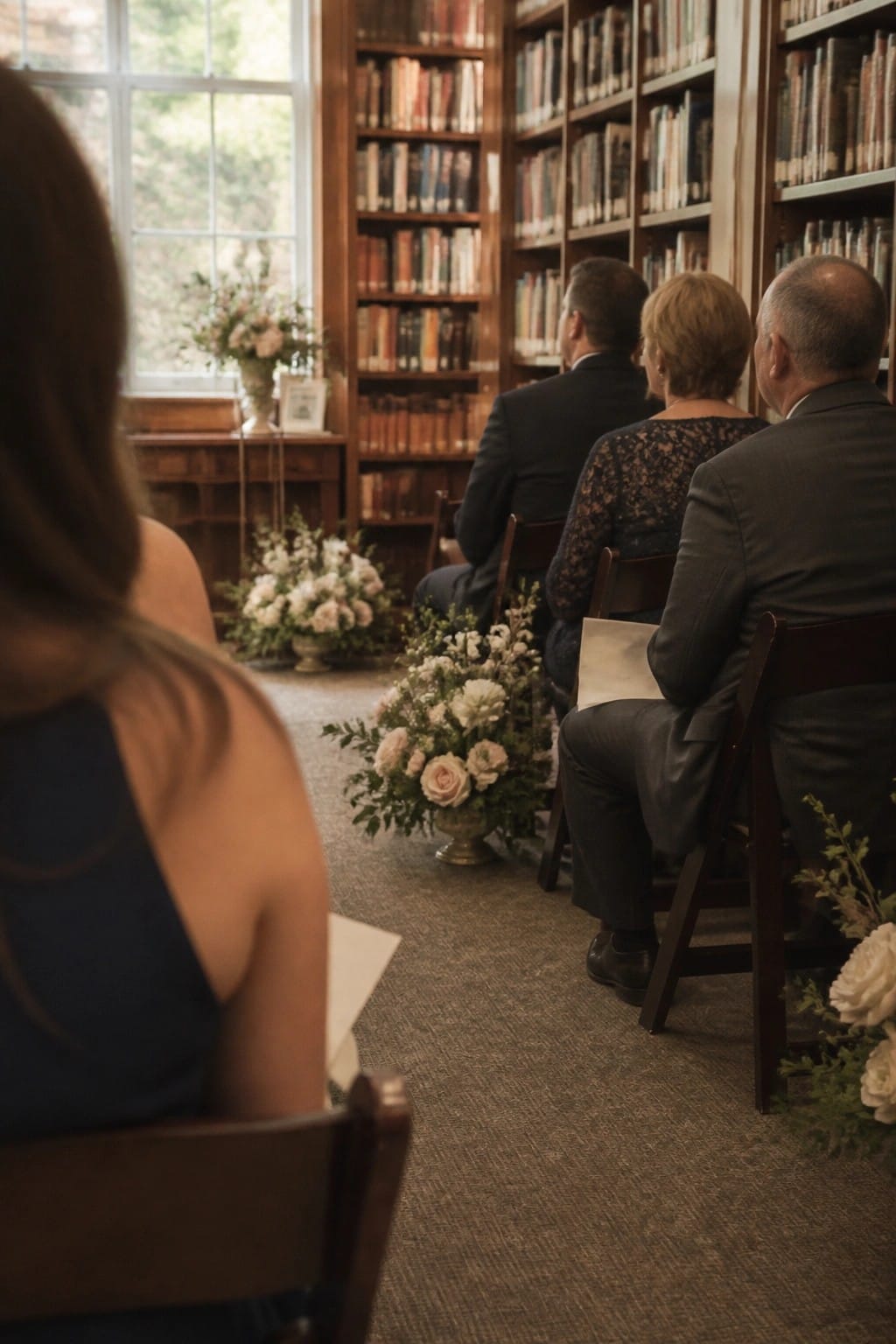 Guests seated facing forward in a library wedding ceremony with full bookshelves floral arrangements and natural window light