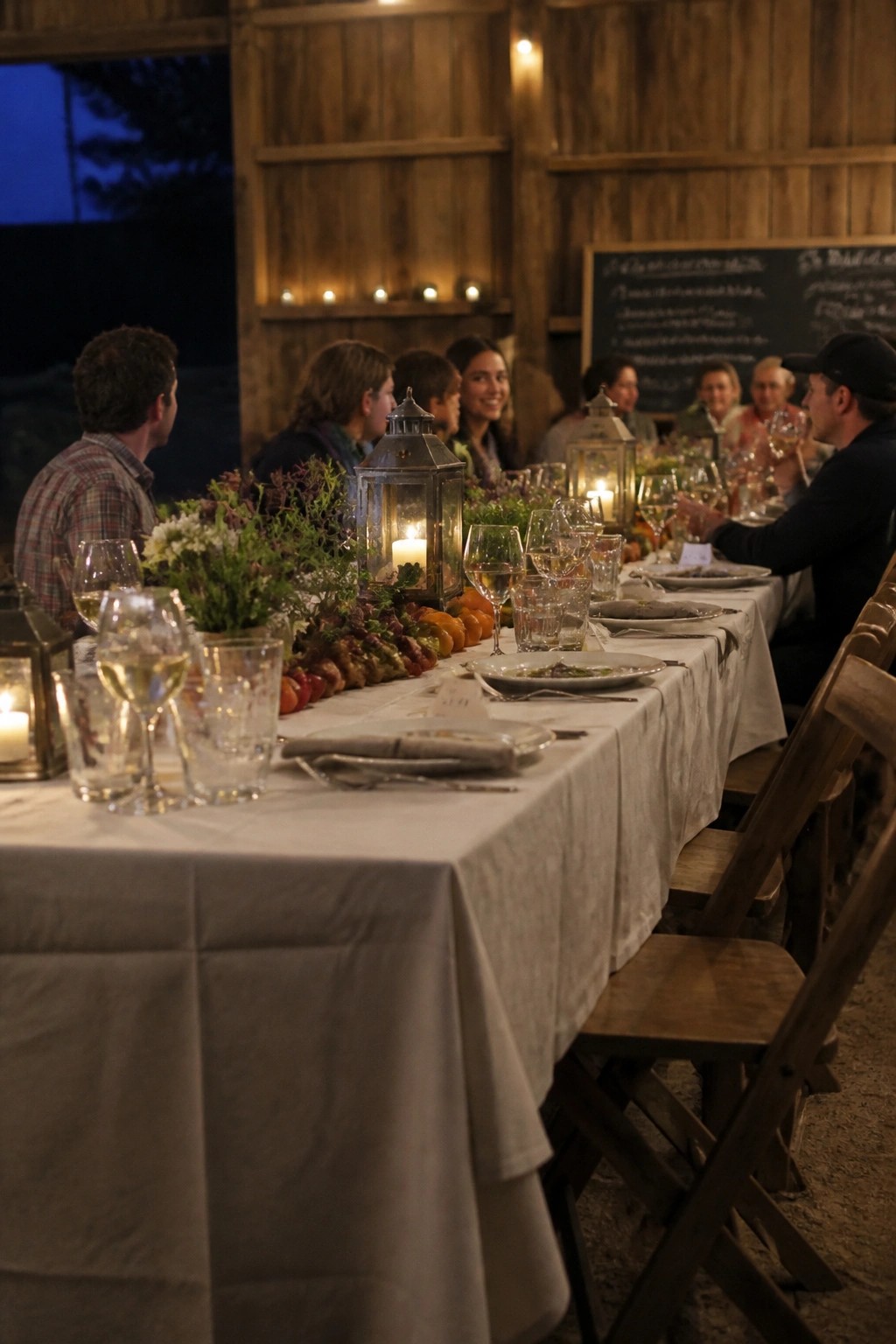 Long dining table in a rustic wooden barn with glowing lanterns candles flowers and fruits guests seated at a wedding reception in the evening.