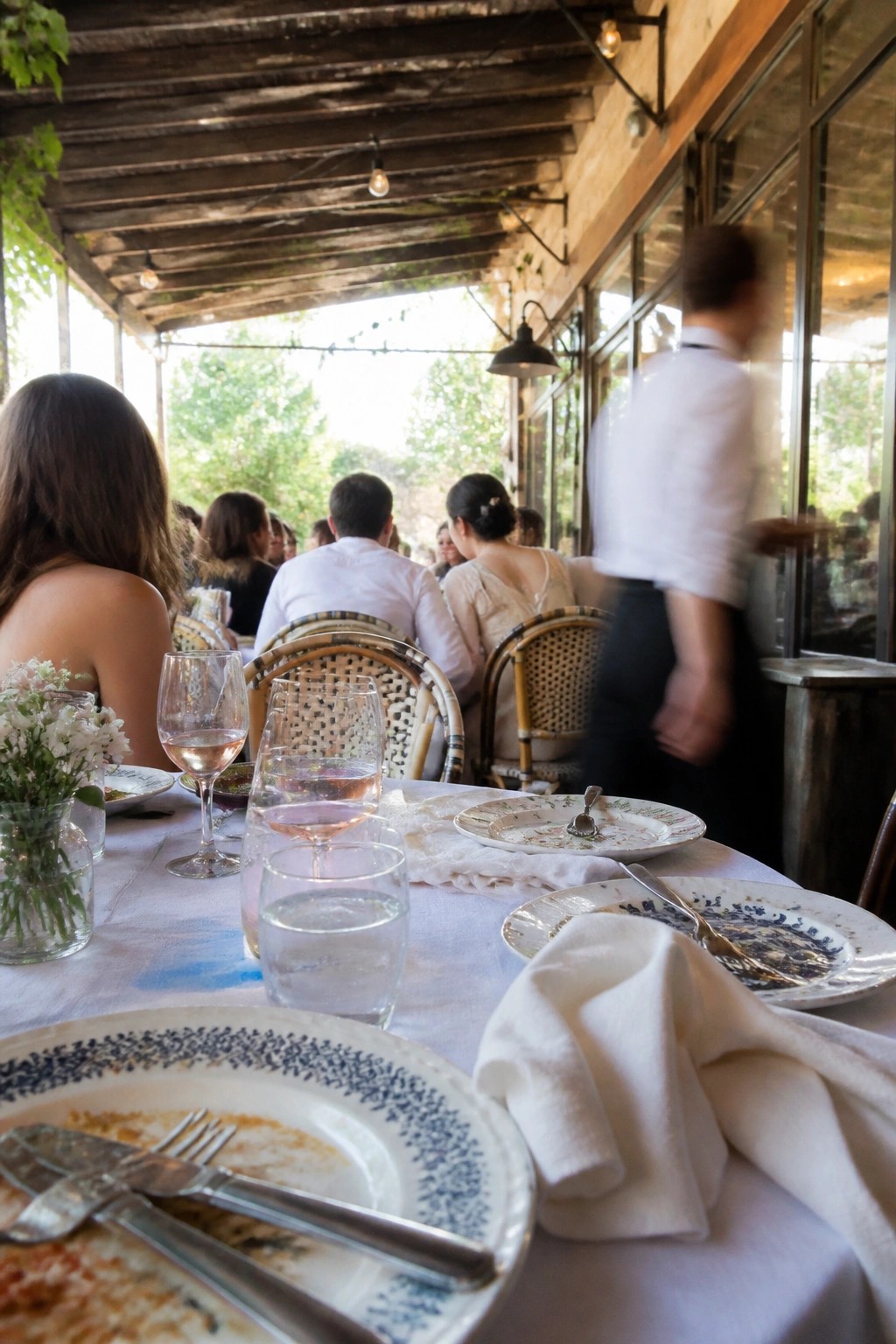 Long table set with blue patterned plates and wine glasses on a rustic wooden patio during a daytime wedding reception with guests seated and a waiter passing by.