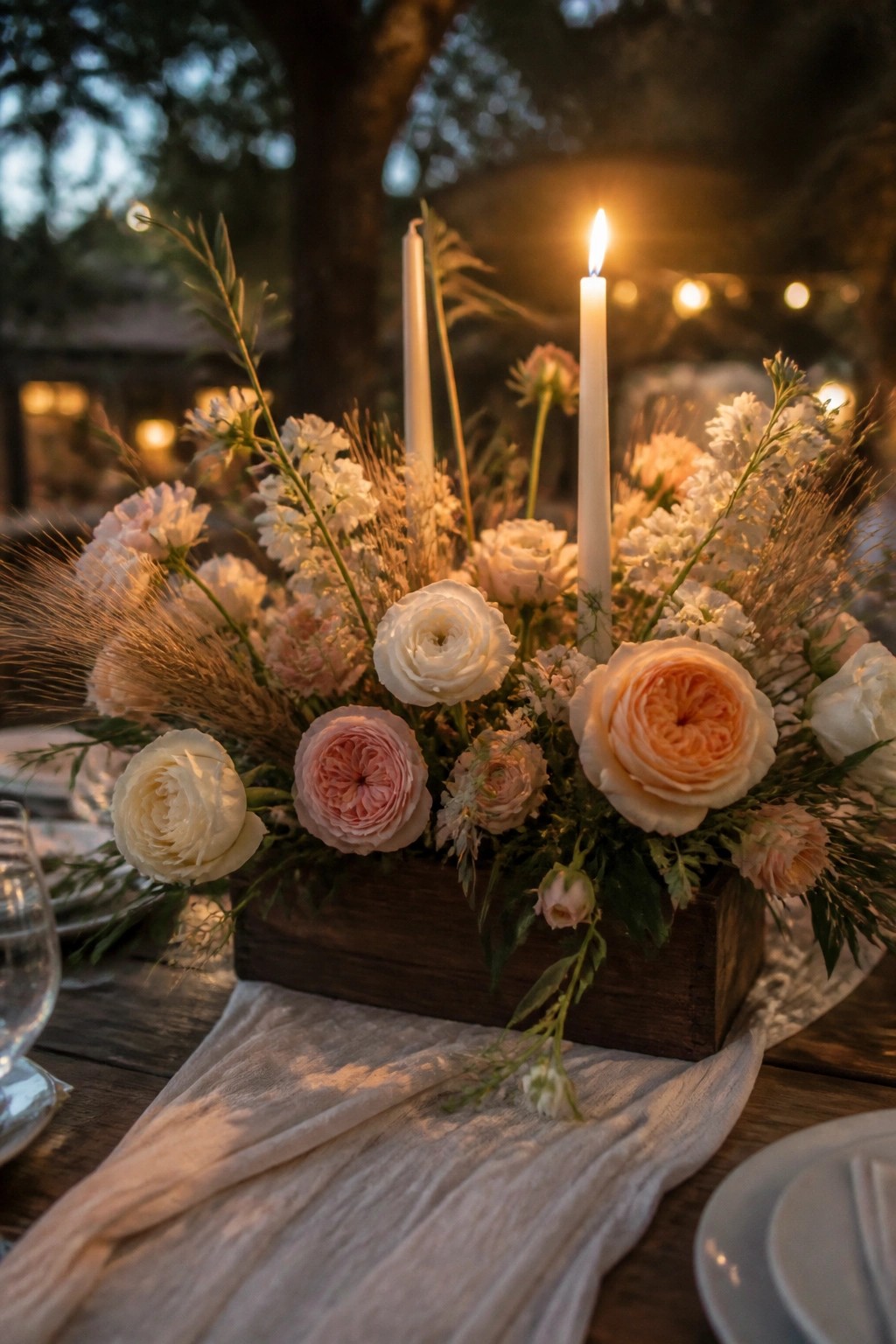 A rustic wooden box centerpiece holds white and pink flowers with two tall white candles one lit on a table with a white runner and string lights in the background at dusk.