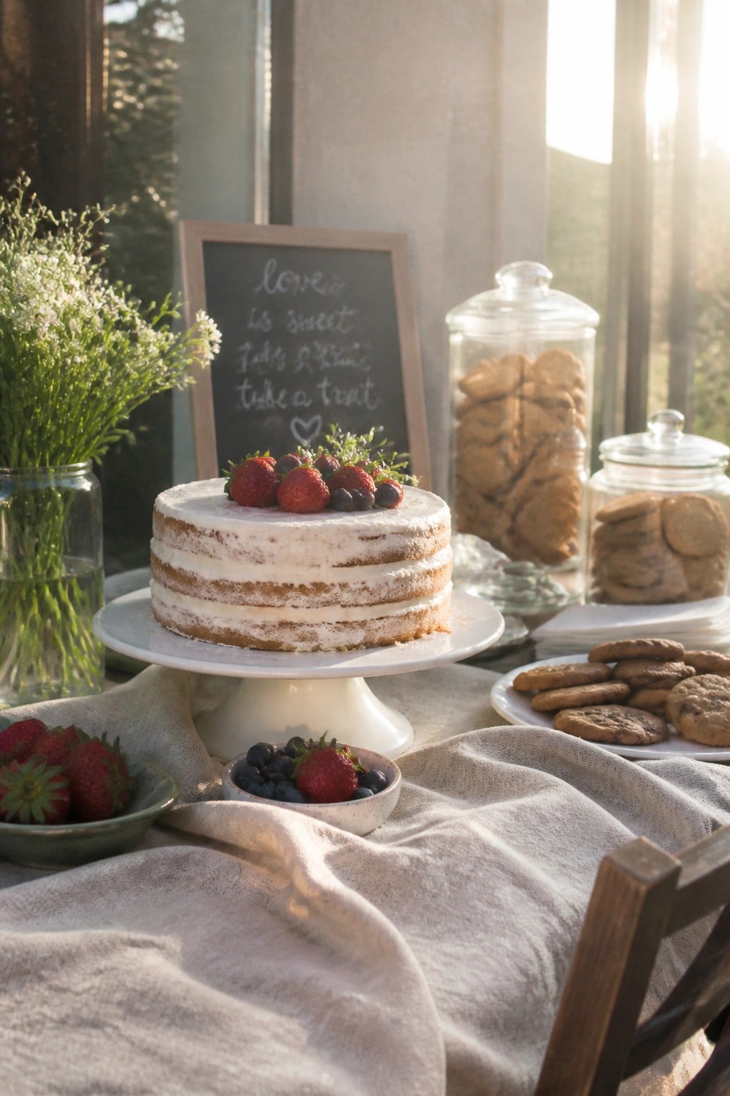 A naked wedding cake topped with strawberries and blueberries on a white stand surrounded by cookie jars fresh berries and a chalkboard sign in soft sunlight on a linen covered table.