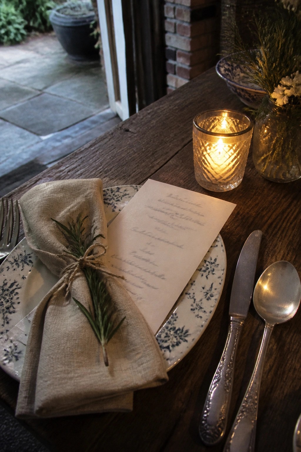 Close up of a rustic wedding table setting on dark wood with a patterned plate, beige napkin tied with rosemary and twine, handwritten menu, silverware, glowing candle in glass holder, and small flower vase in soft evening light.