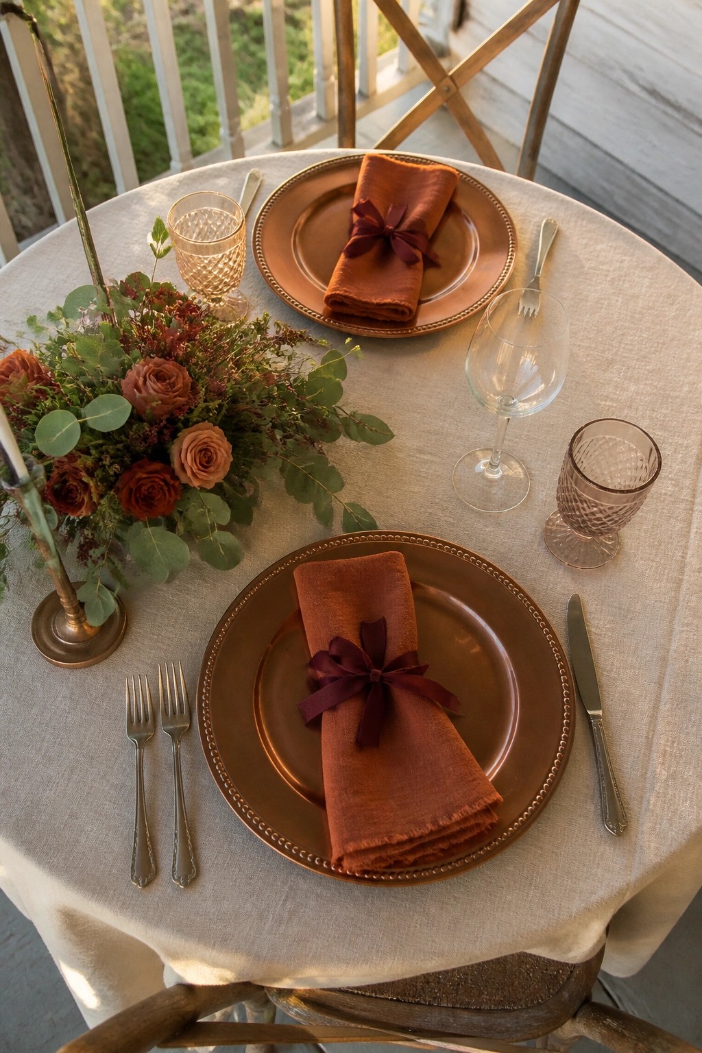 Round table on a porch set with copper plates, rust napkins tied in burgundy bows, a floral centerpiece of rust roses and greenery, and warm neutral linens in soft daylight.