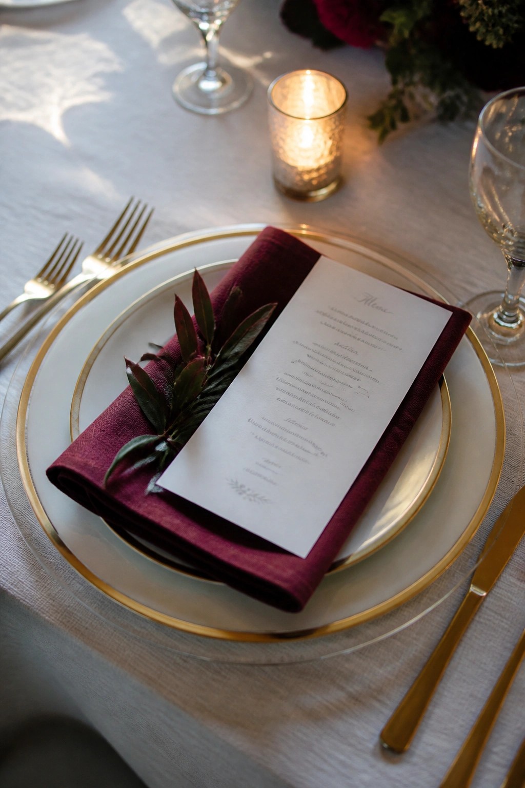 Close up of an elegant wedding table setting with stacked white plates gold rims burgundy napkin menu card greenery and a lit candle on a white tablecloth.