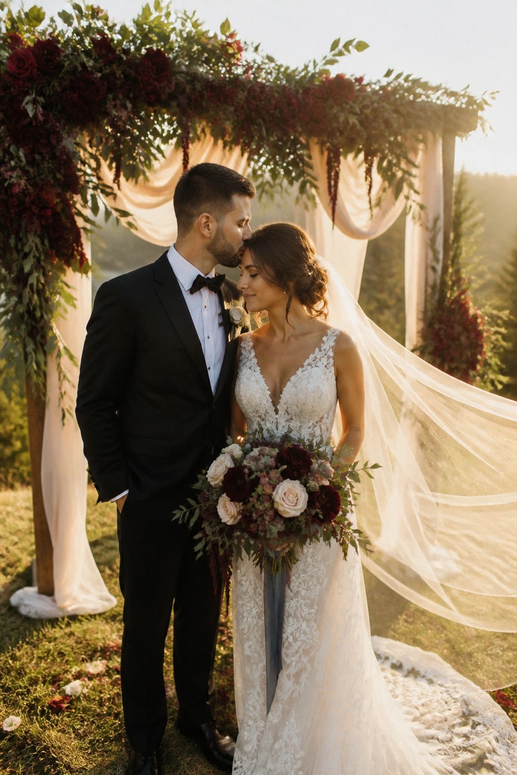 Bride in lace gown and groom in black tuxedo share a moment under a burgundy floral arch at sunset with a flowing veil and matching bouquet.