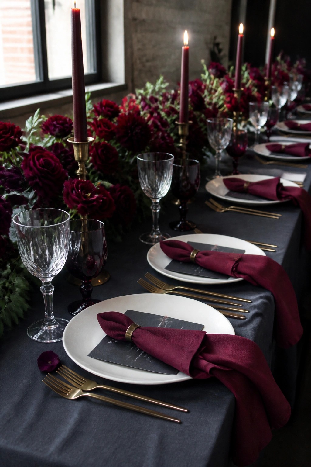 Formal wedding table with white plates, burgundy napkins, gold cutlery, dark glassware, tall burgundy candles, and lush burgundy floral arrangements on a dark gray tablecloth.