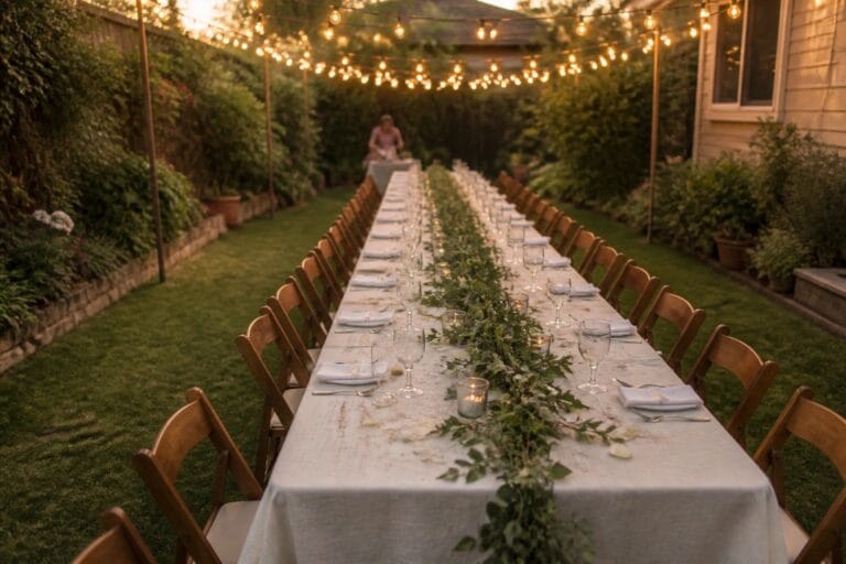 A long outdoor wedding table covered in white linens with wooden chairs, a greenery runner, and glowing string lights overhead in a garden at sunset.