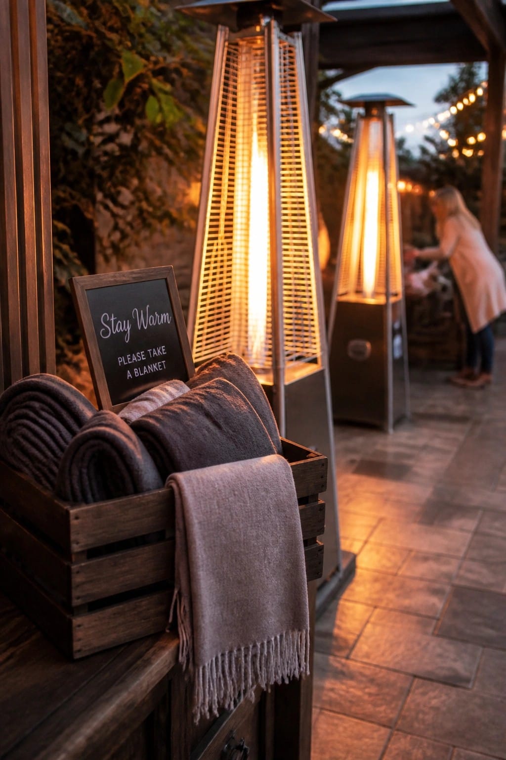 Outdoor wedding reception area with glowing patio heaters a wooden crate of blankets and a sign offering guests to take one for warmth at dusk.