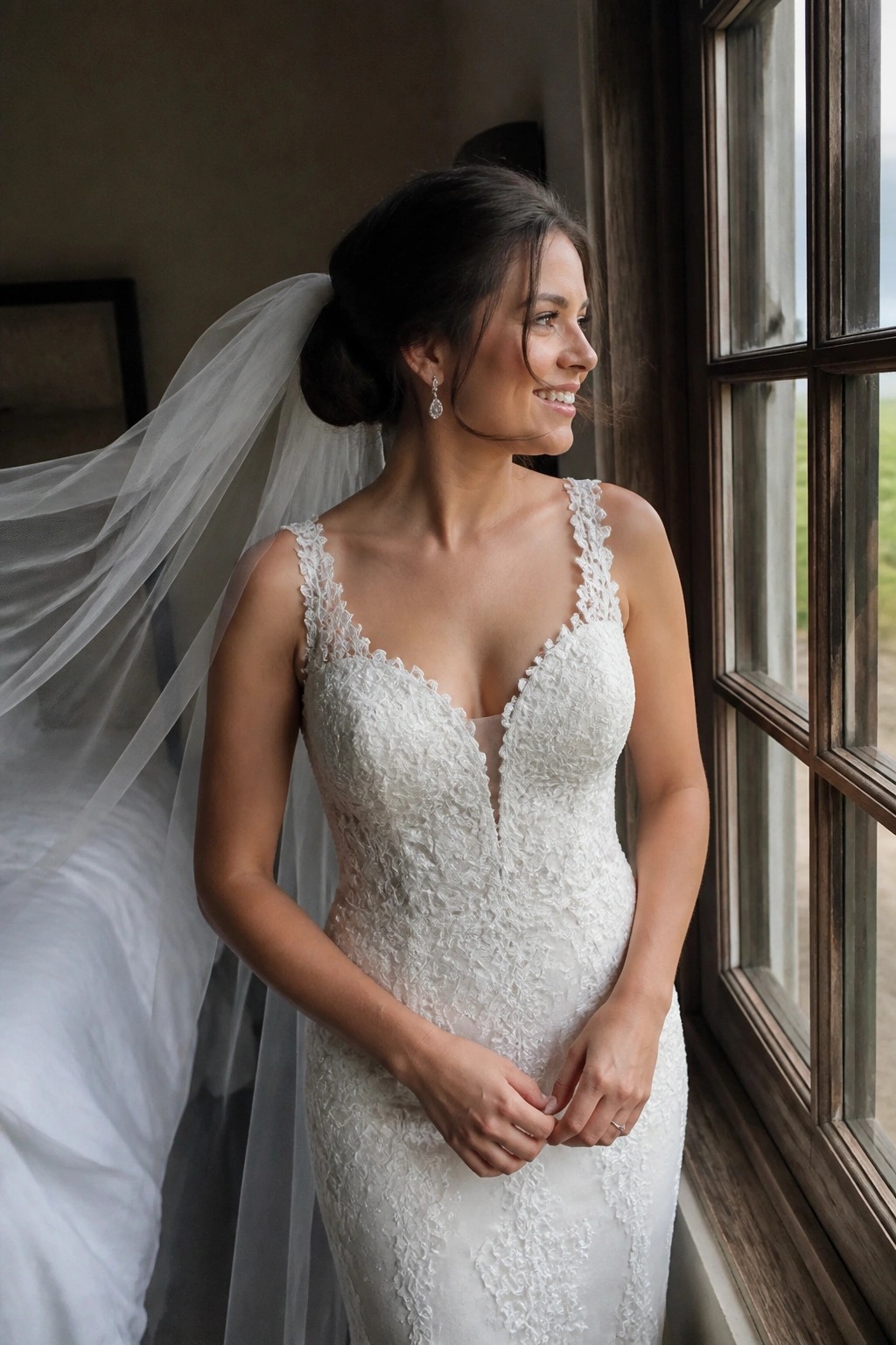 A smiling bride in a lace wedding dress and veil stands by a wooden window in a rustic room.