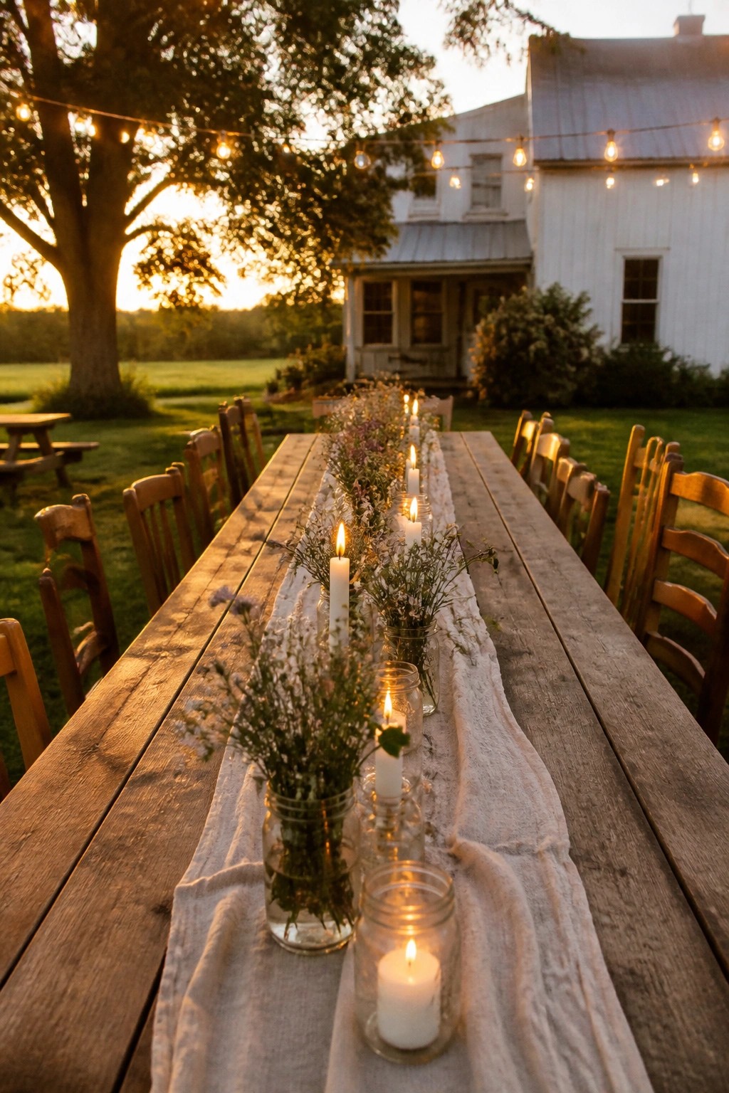 Long rustic wooden table outdoors at dusk with mason jars of wildflowers and lit candles, string lights above, wooden chairs, white barn in background, sunset glow over the lawn.