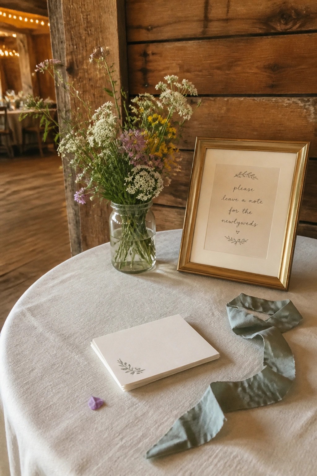 Rustic wedding table with wildflower mason jar gold framed note sign stack of cards and sage ribbon on white linen in a wooden barn venue.
