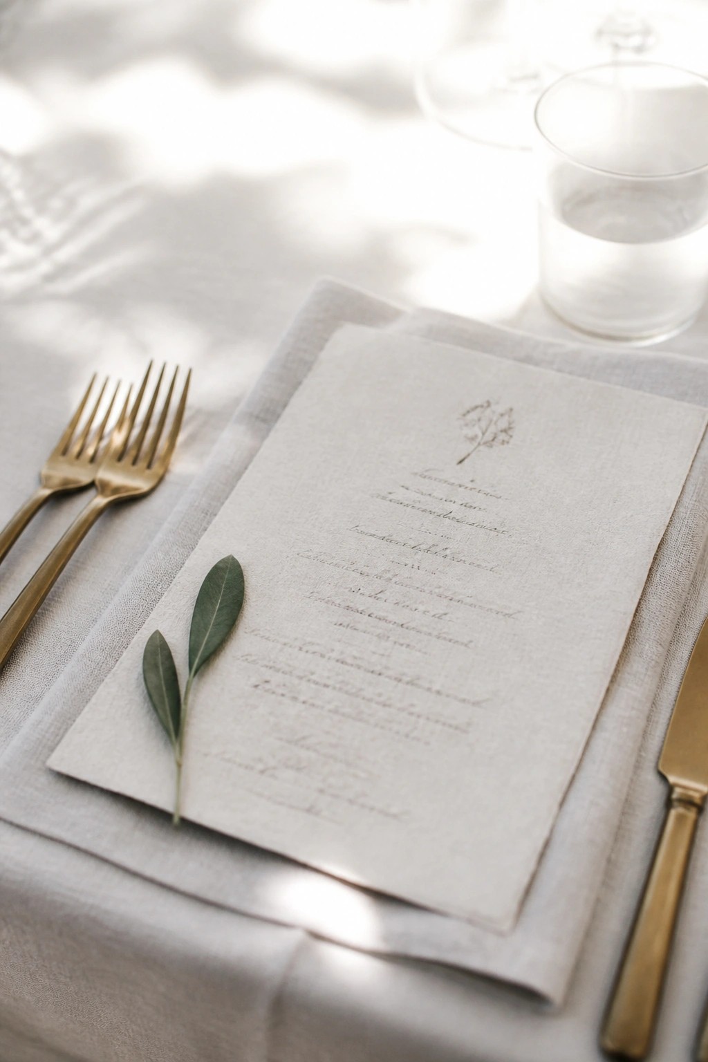 Close up of a printed wedding menu on a linen napkin with gold cutlery and fresh greenery under soft natural light.