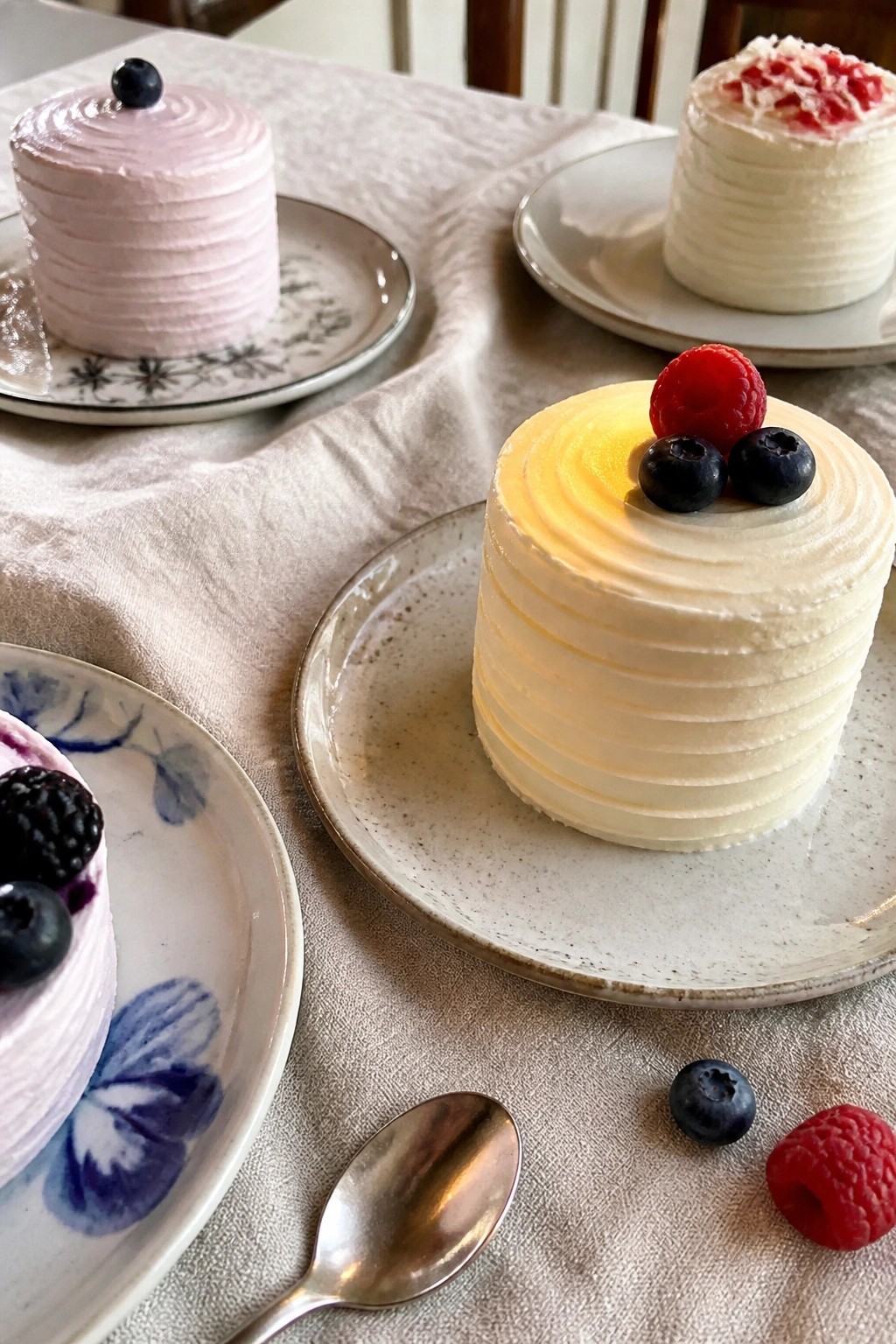 Small round cakes with pastel frosting and fresh berries arranged on ceramic plates over a linen tablecloth
